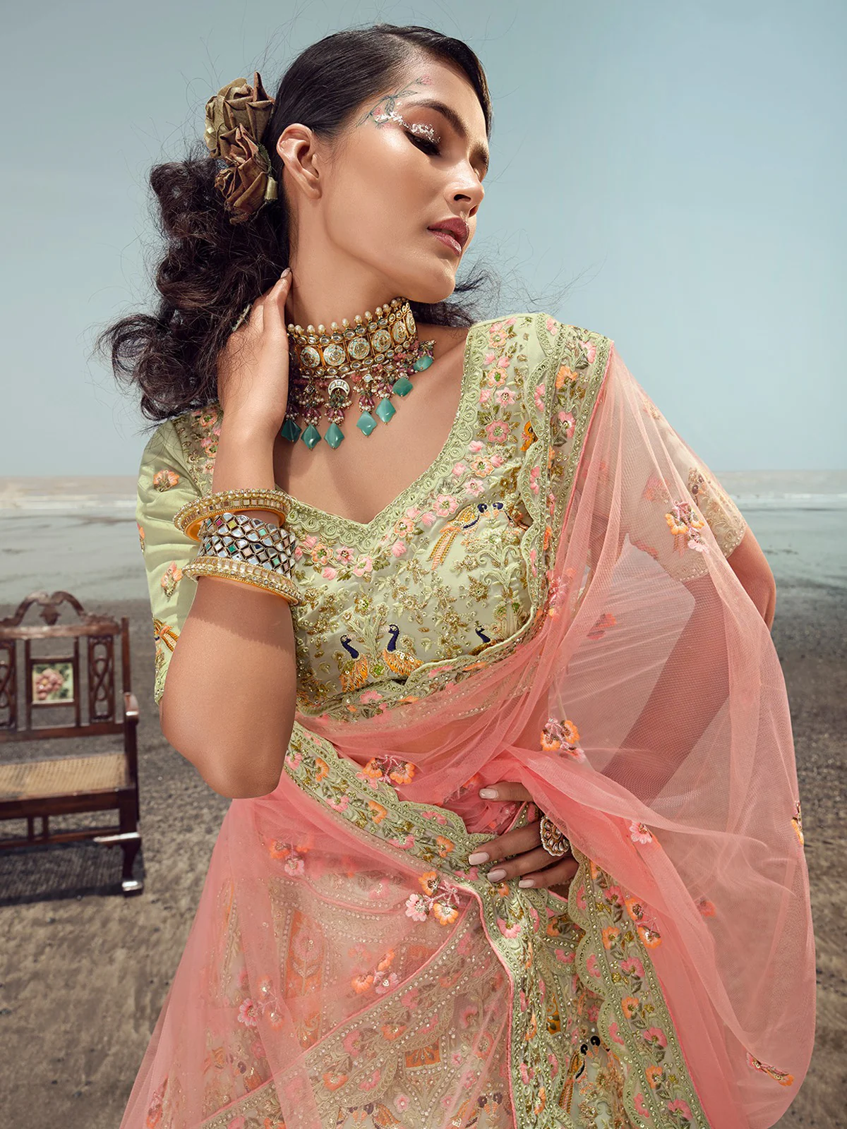 Odette Women Green Embroidered Georgette Semi Stitched Lehenga With Unstitched Blouse - Image 3