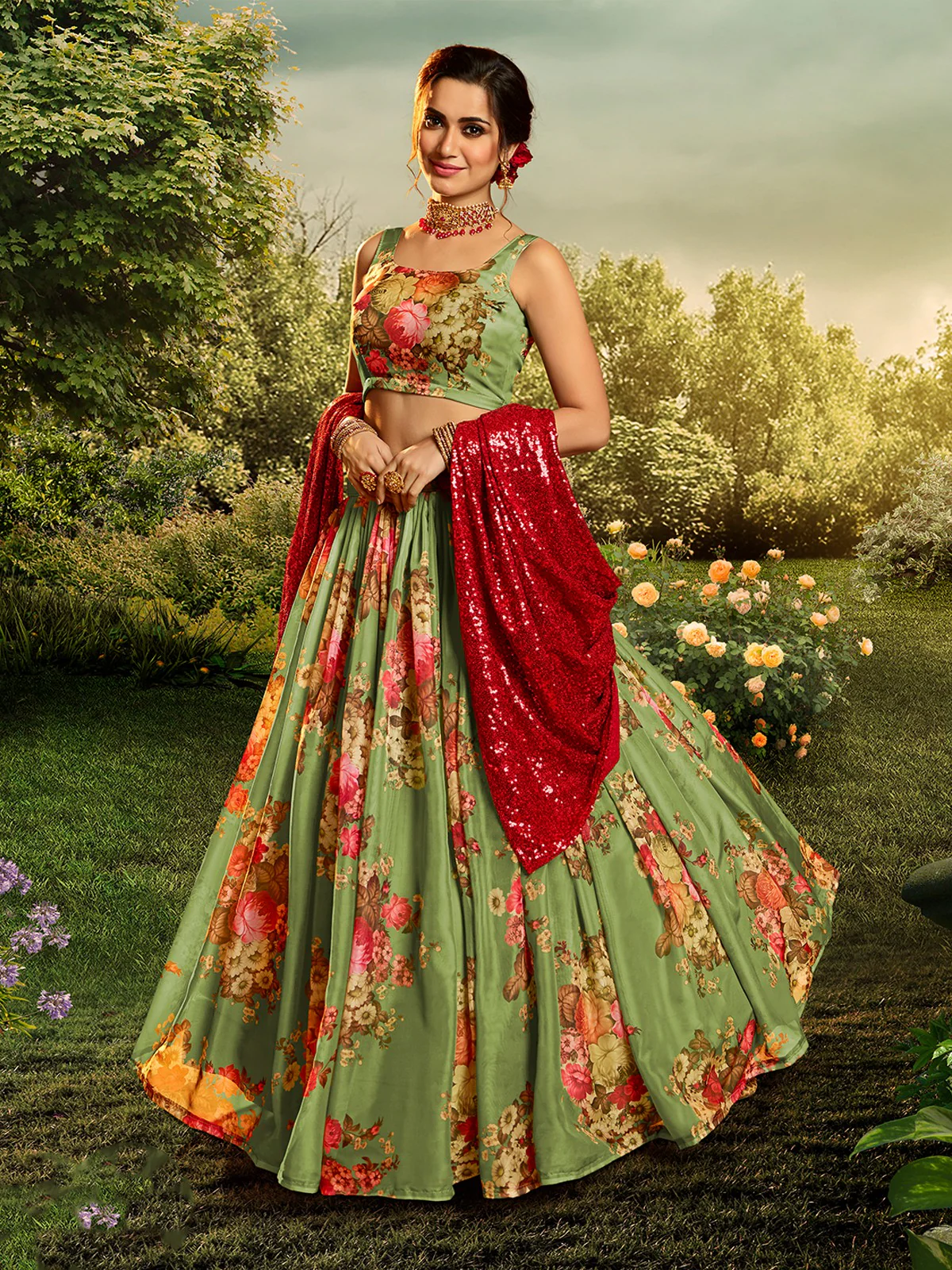 Odette Women Green Elegant Semi Stitched Lehenga With Unstitched Blouse - Image 2