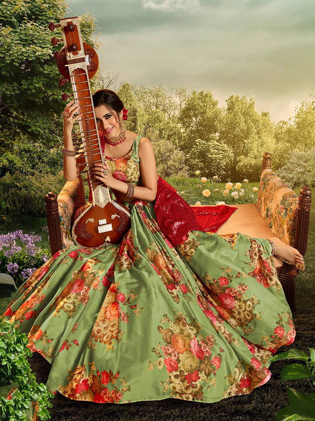 Odette Women Green Elegant Semi Stitched Lehenga With Unstitched Blouse - Image 3