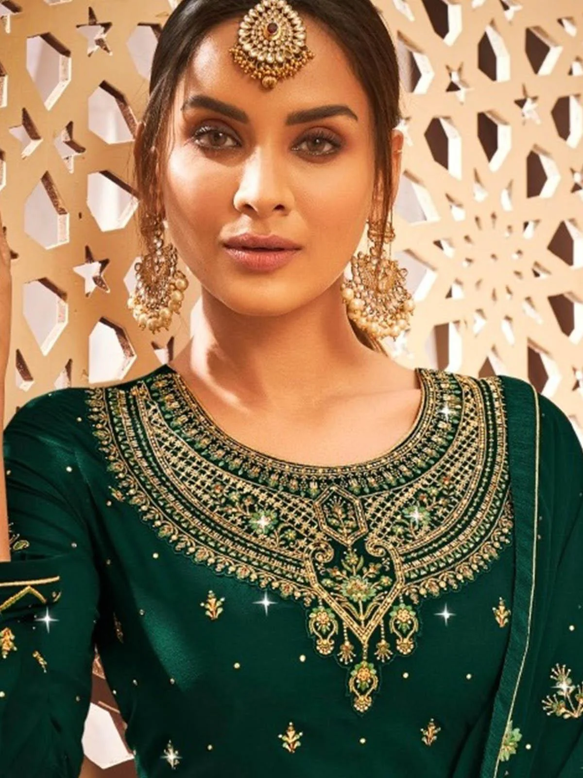 Odette Women Green Embroidered Georgette Semi Stitched Kurta Set - Image 2