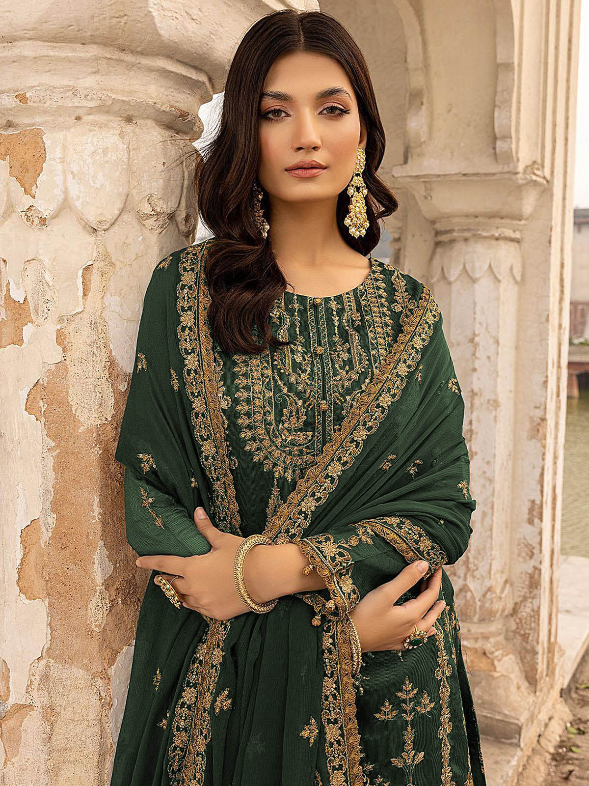 Odette Women Green Embroidered Georgette Semi Stitched Salwar Suit - Image 2