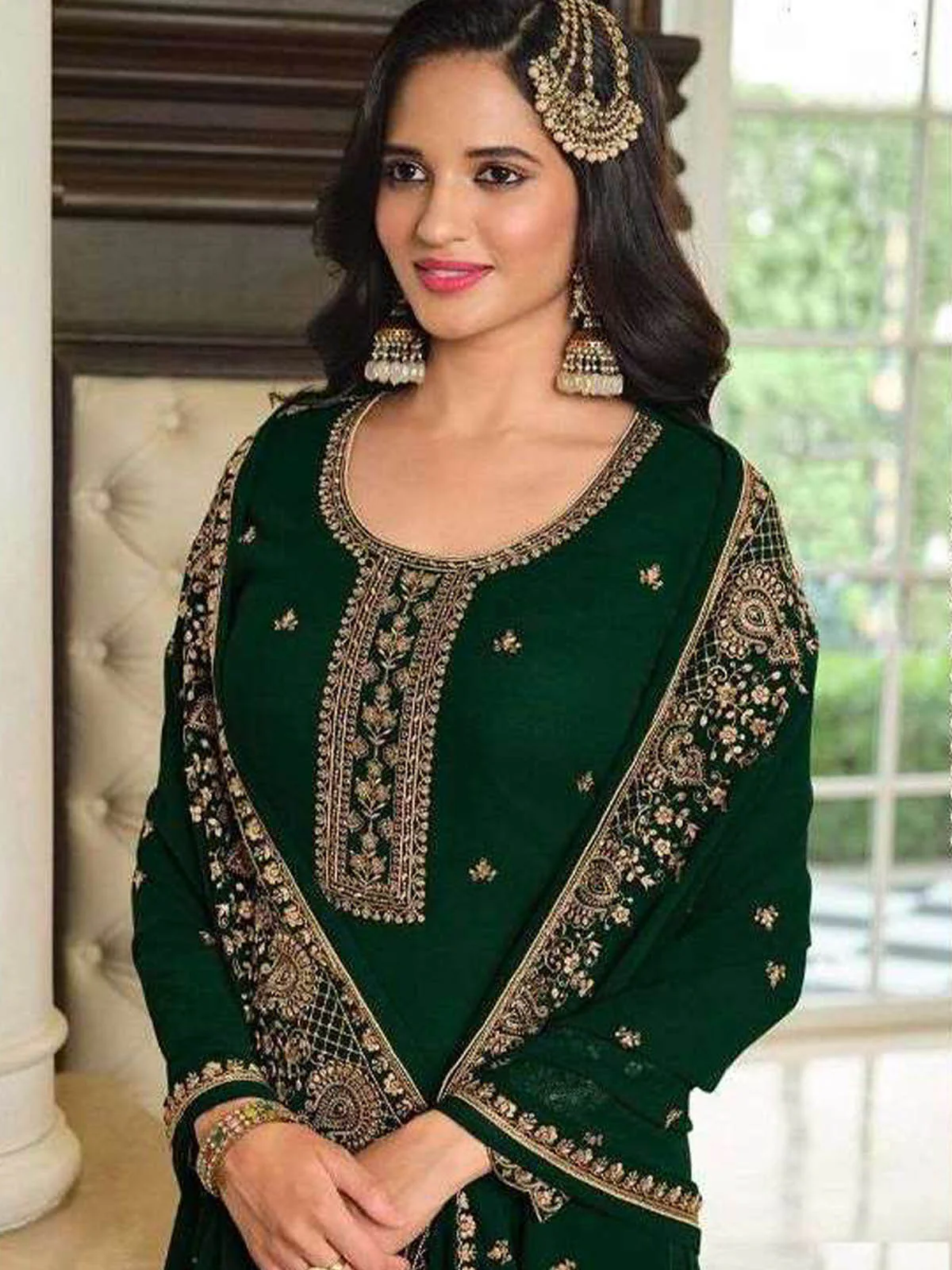 Odette Women Green Embroidered Georgette Sharara Style Semi-Stitched Salwar Suit - Image 2