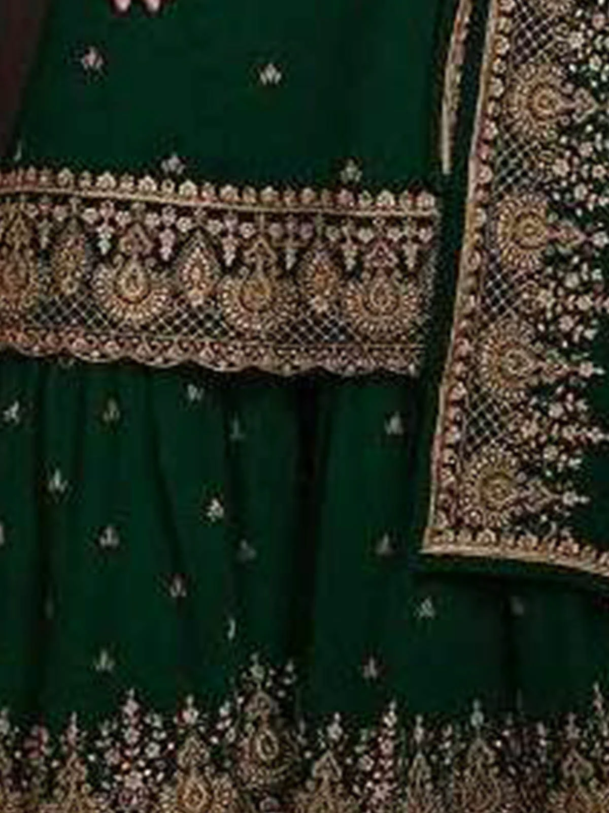 Odette Women Green Embroidered Georgette Sharara Style Semi-Stitched Salwar Suit - Image 3