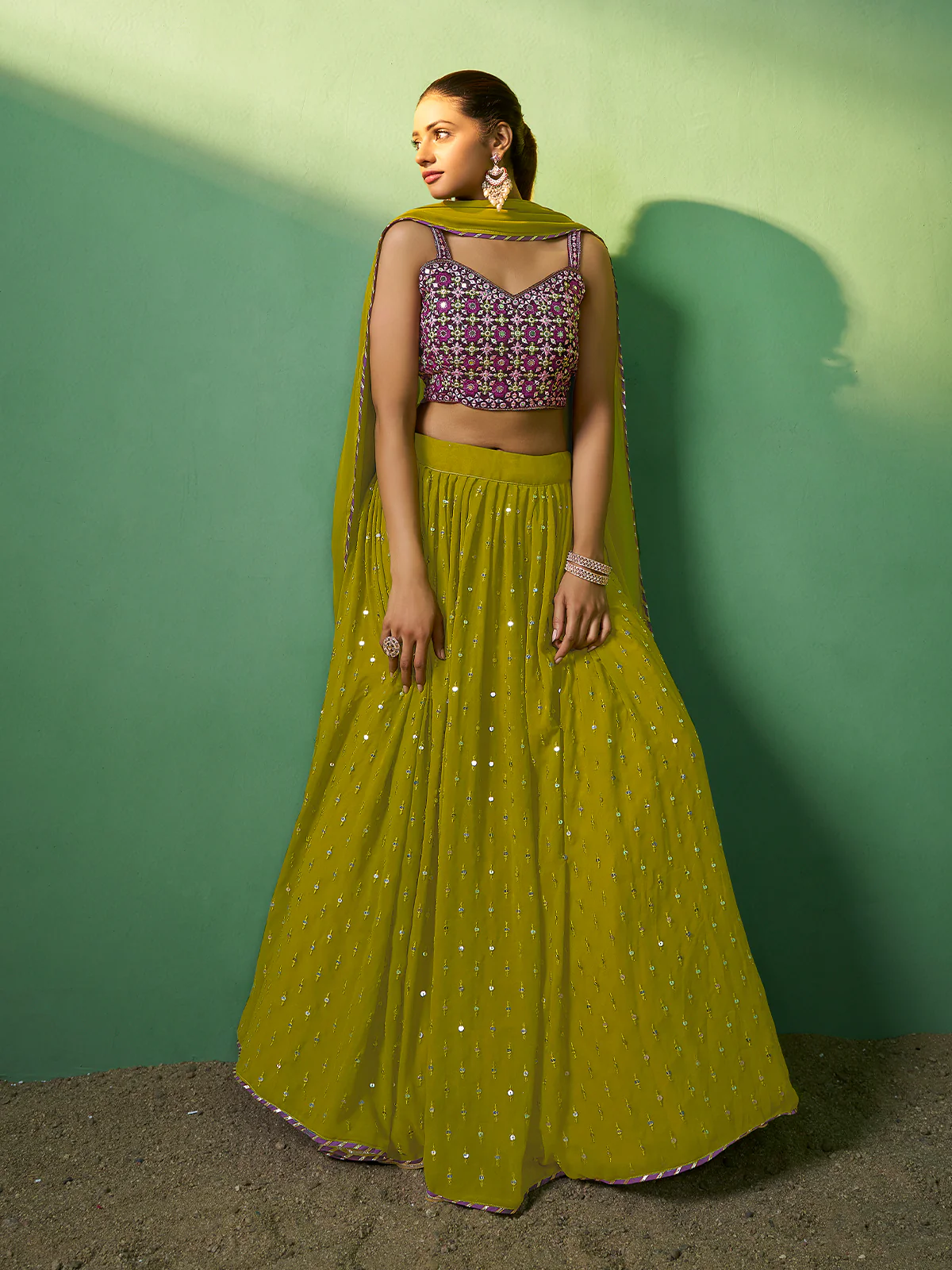 Odette Women Green Embroidered Semi Stitched Lehenga With Unstitched Blouse - Image 2