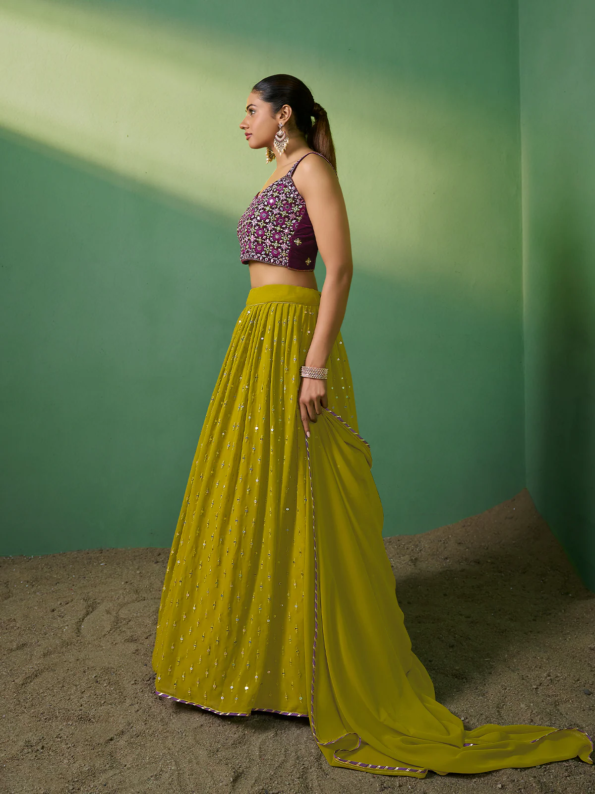 Odette Women Green Embroidered Semi Stitched Lehenga With Unstitched Blouse - Image 3