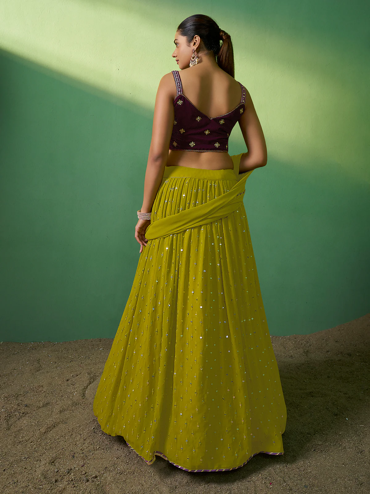 Odette Women Green Embroidered Semi Stitched Lehenga With Unstitched Blouse - Image 4
