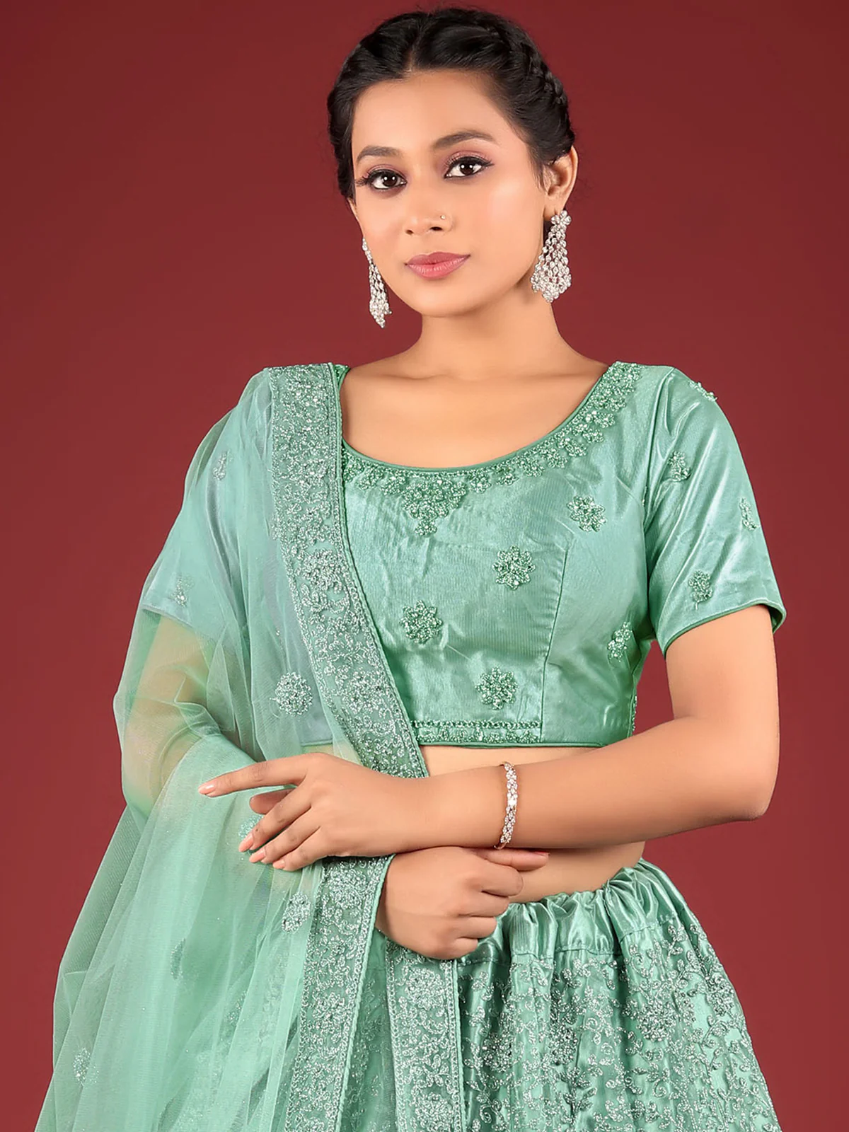 Odette Women Green Embroideredi Stitched Lehenga With Unstitched Blouse - Image 2