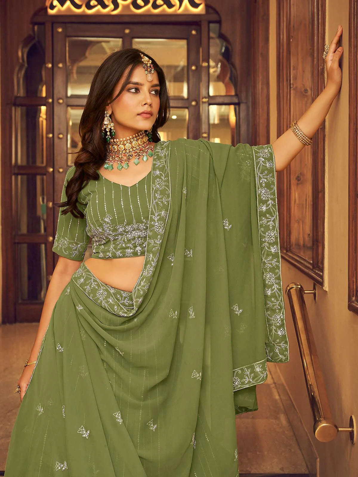 Odette Women Green Faux Georgette Designer Semi Stitched Lehenga With Unstitched Blouse - Image 3