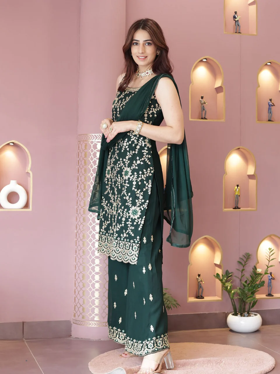 Odette Women Green Faux Georgette Embroidered Semi Stitched Palazzo Suit - Image 3