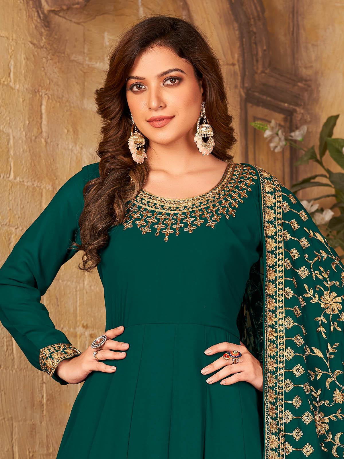 Odette Women Green Faux Georgette Semi Stitched Kurta Set - Image 2