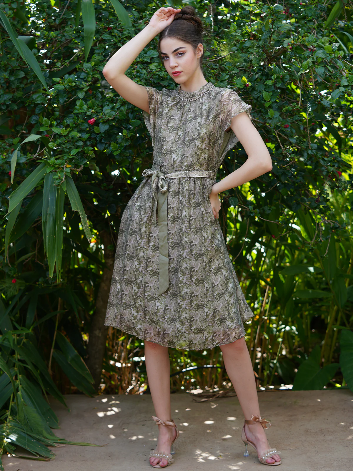 Odette Women Green Floral Printed Polyester Voil Dress - Image 2