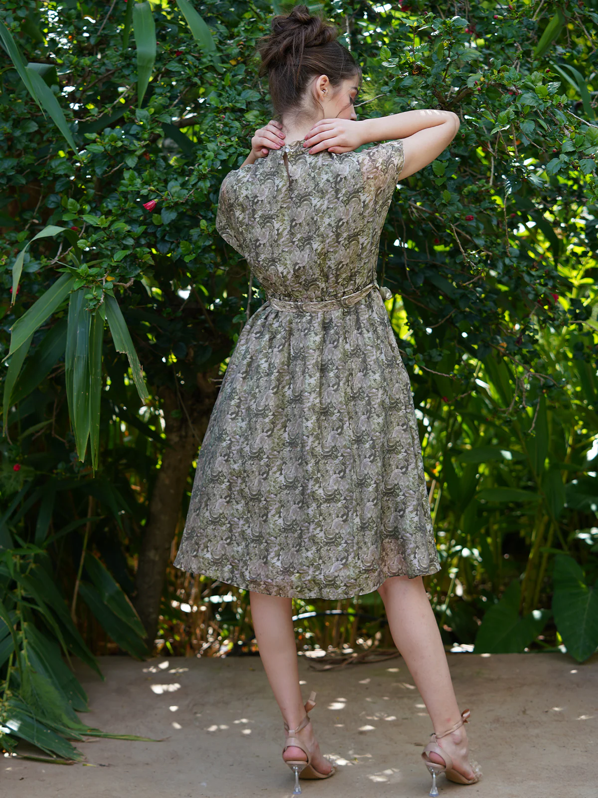 Odette Women Green Floral Printed Polyester Voil Dress - Image 4