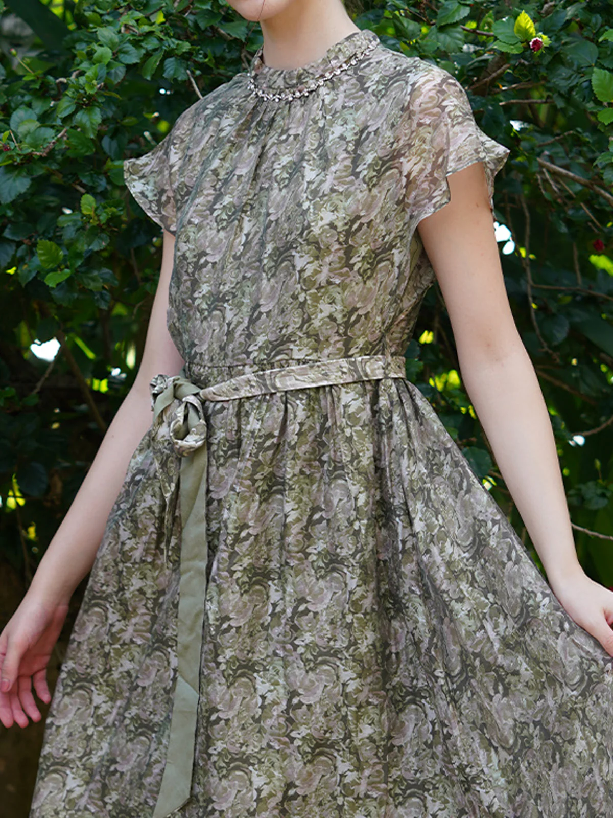 Odette Women Green Floral Printed Polyester Voil Dress - Image 5