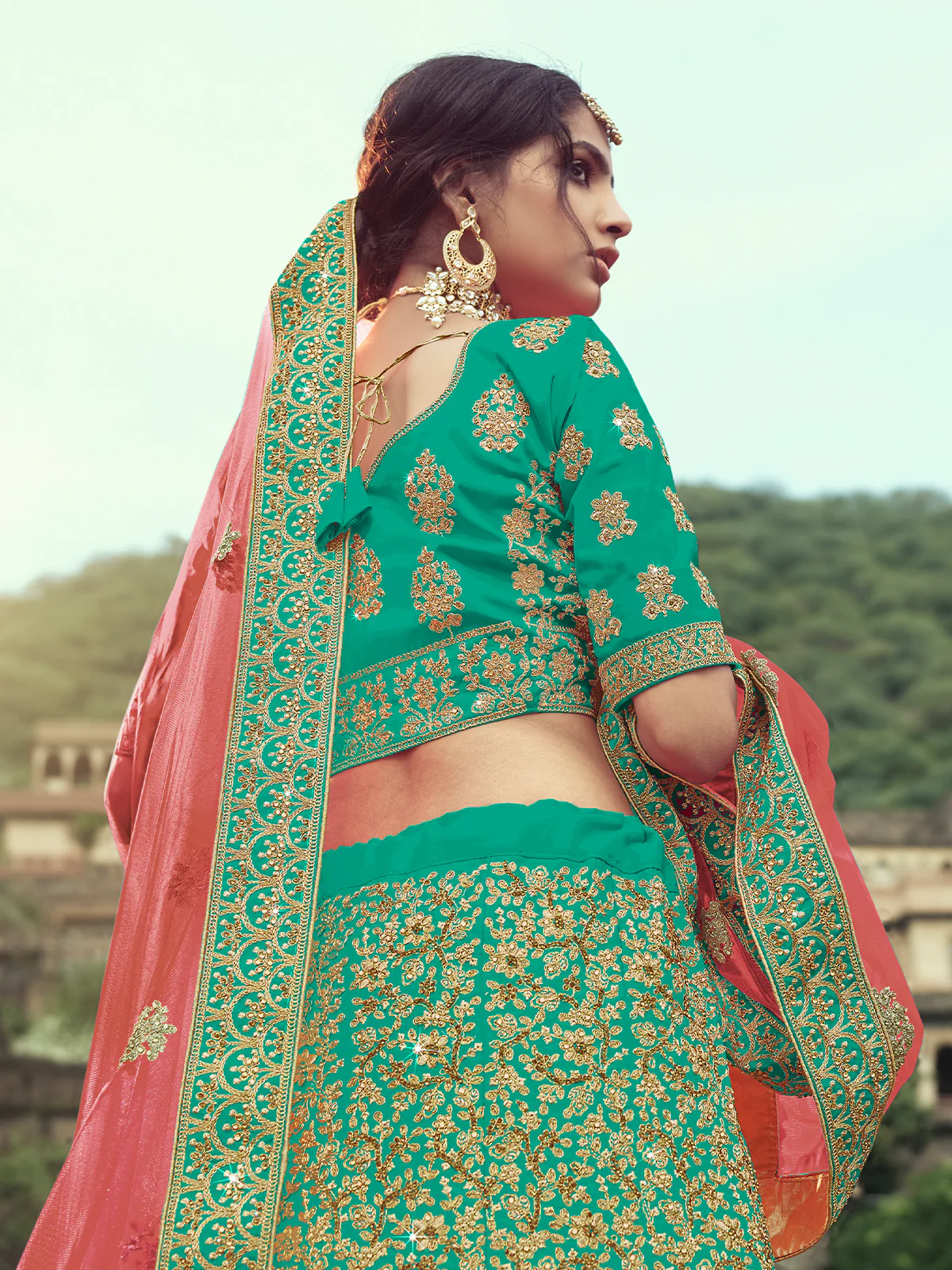 Odette Women Green Embroidered Semi Stitched Lehenga With Unstitched Blouse - Image 3