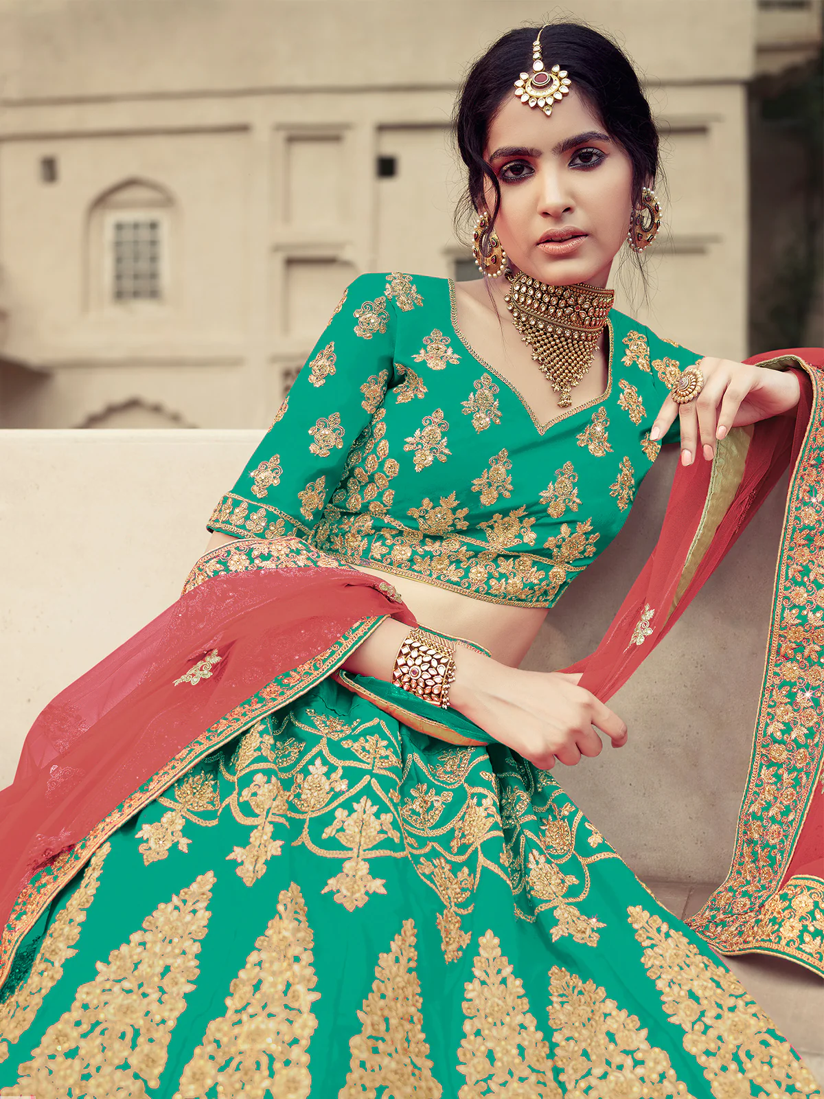 Odette Women Green Embroidered Semi Stitched Lehenga With Unstitched Blouse - Image 2