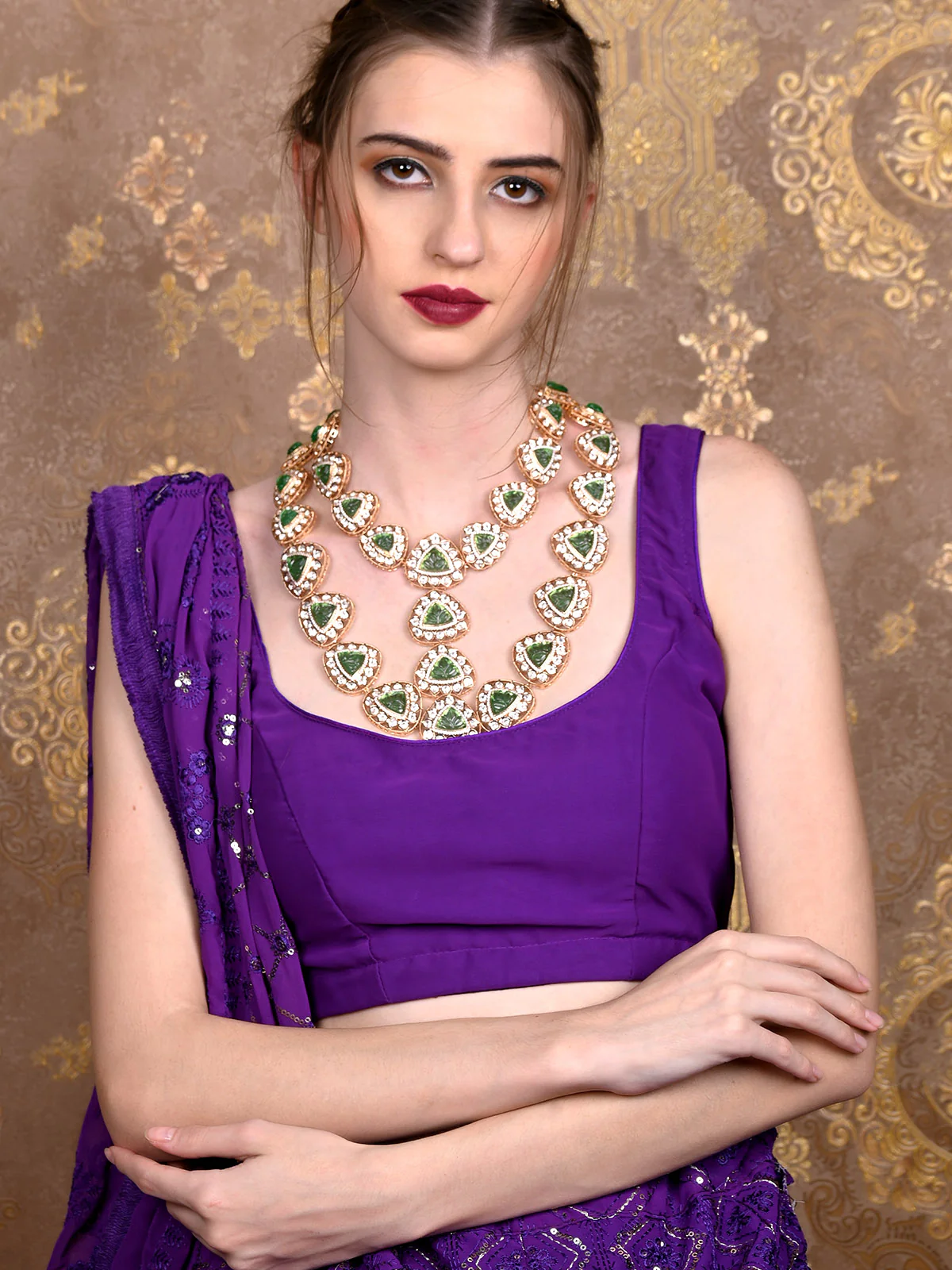 Odette Women Green, Gold And White Designer Choker Necklace Set - Image 2