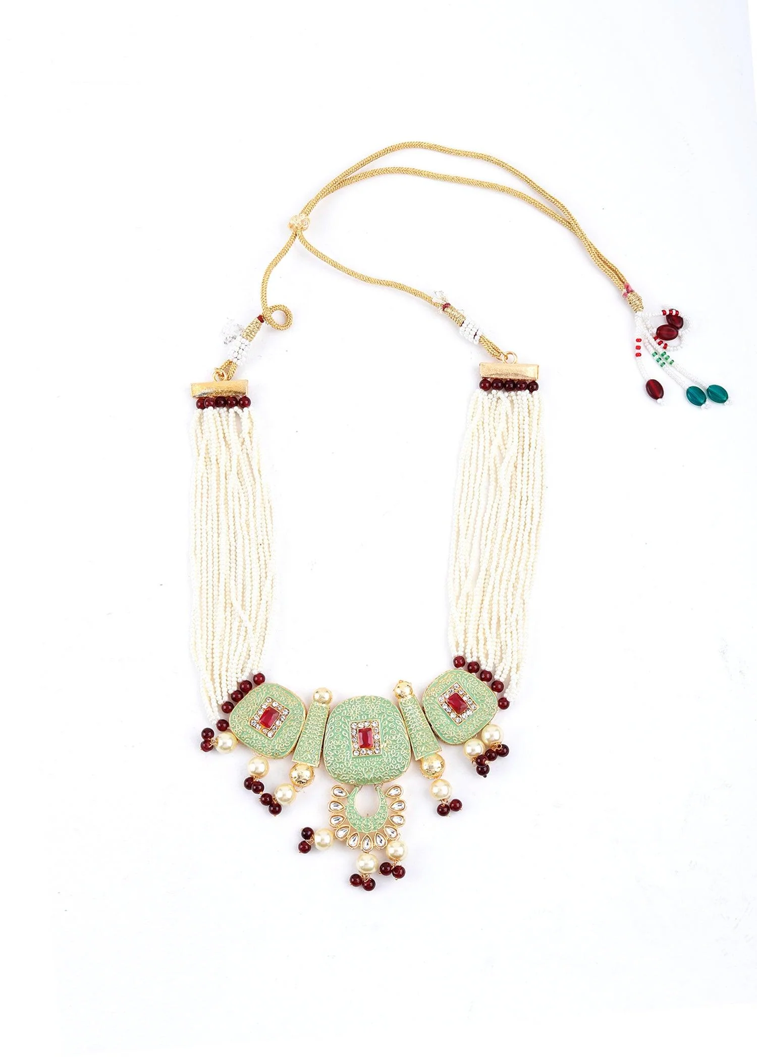 Odette Women Green Golden Kundan Necklace Set - Image 4