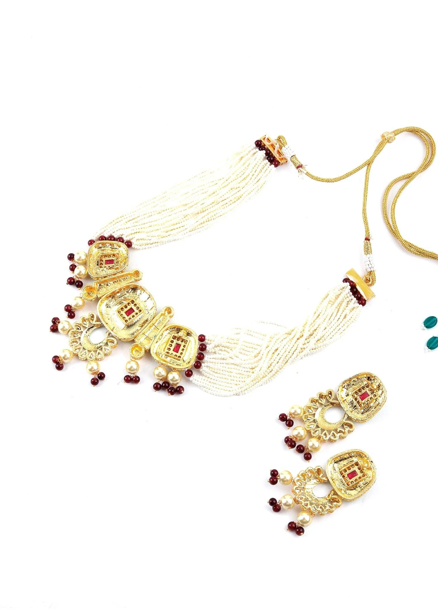 Odette Women Green Golden Kundan Necklace Set - Image 6