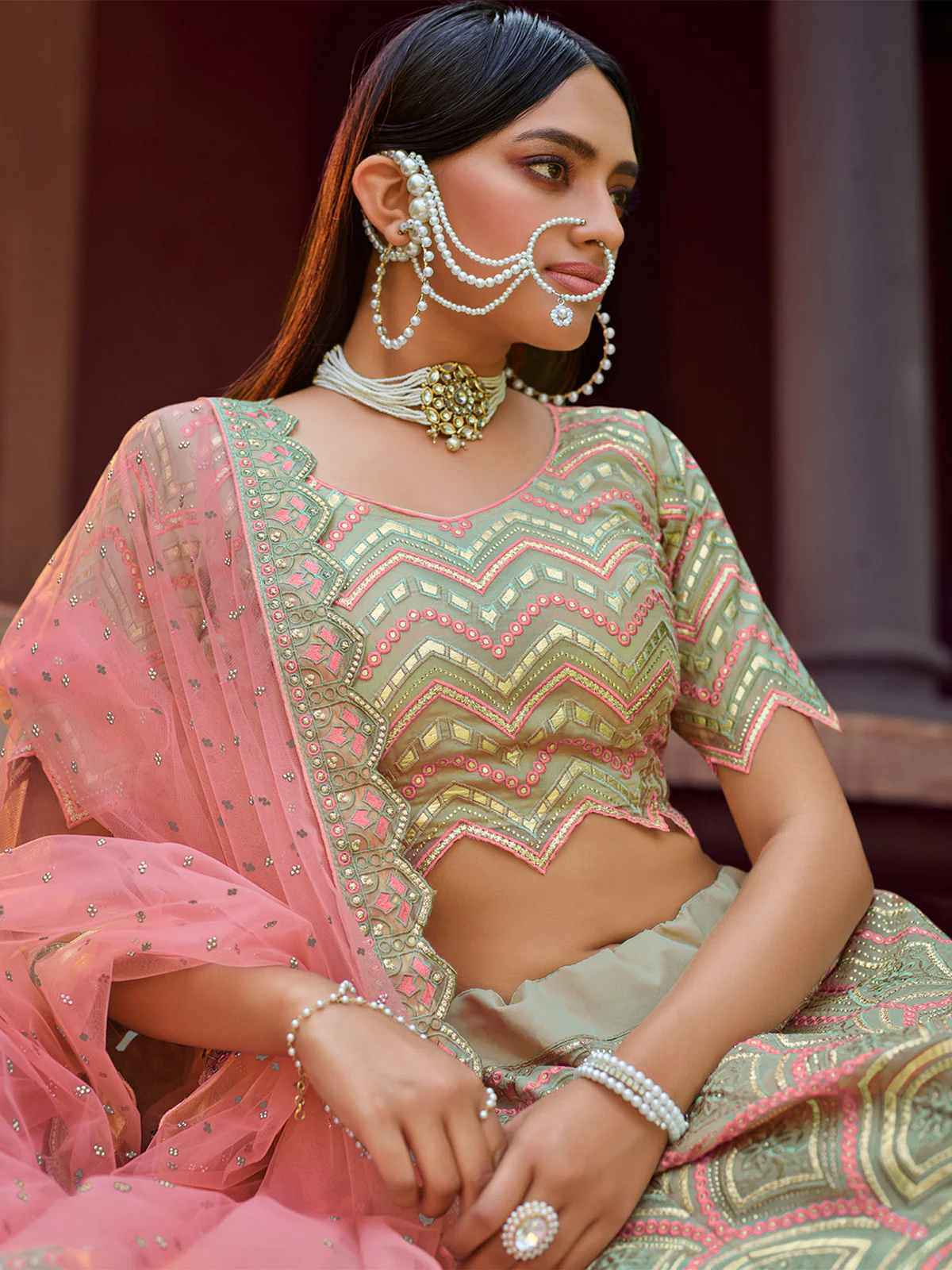 Odette Women Green Embroidered Organza Semi Stitched Lehenga With Unstitched Blouse - Image 3