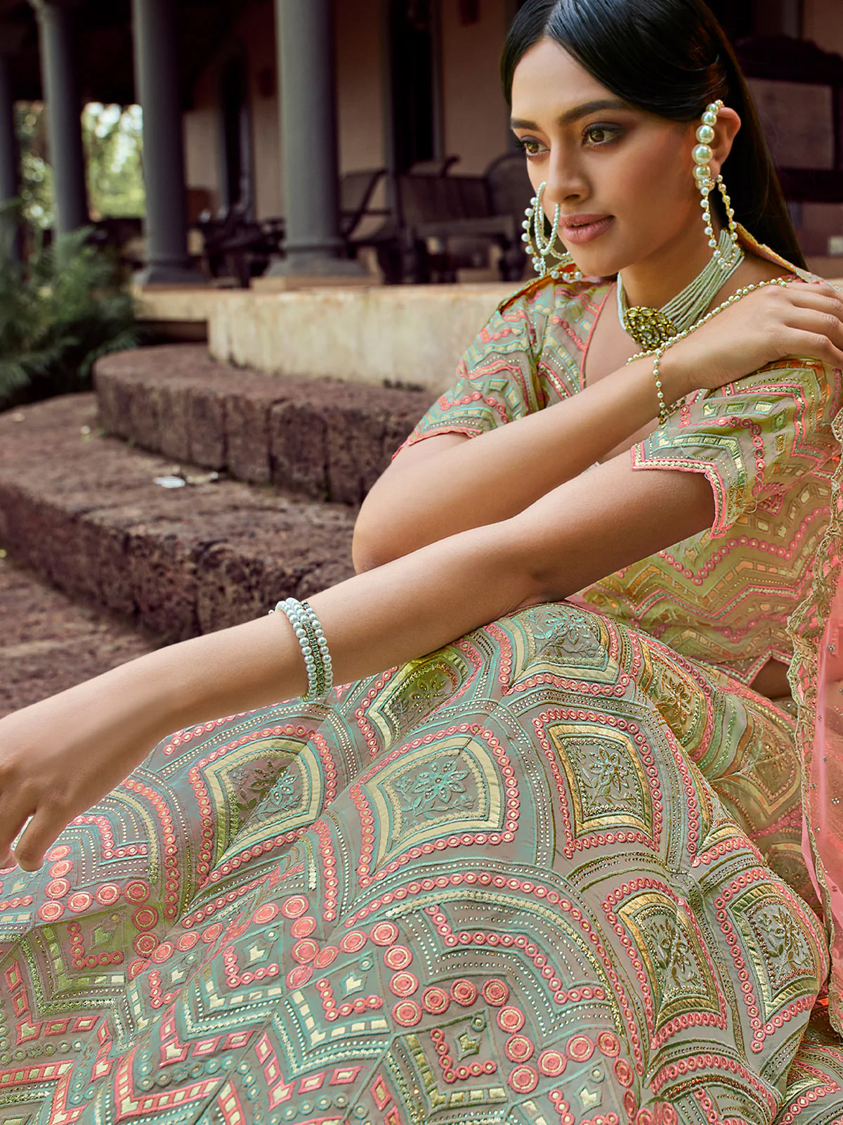Odette Women Green Embroidered Organza Semi Stitched Lehenga With Unstitched Blouse - Image 4