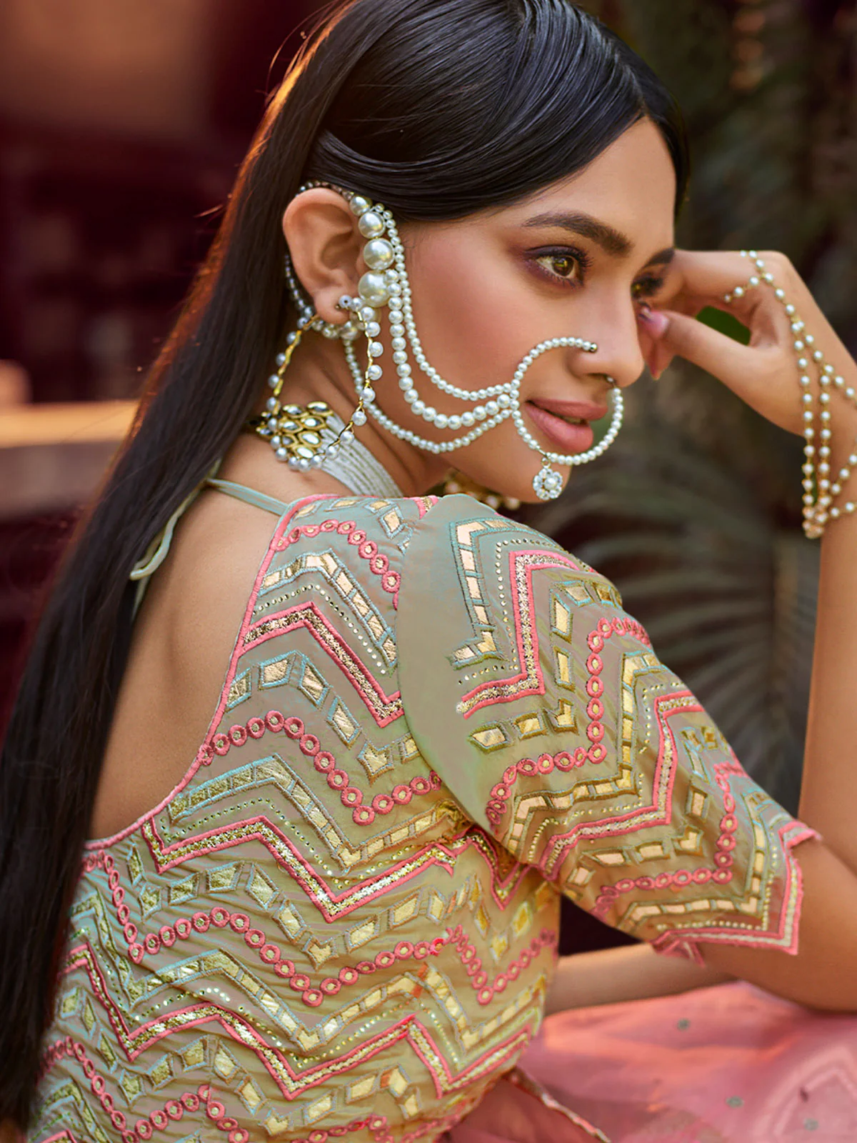 Odette Women Green Embroidered Organza Semi Stitched Lehenga With Unstitched Blouse - Image 5