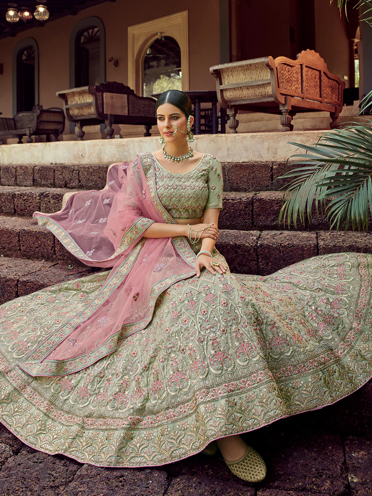 Odette Women Green Embroidered Georgette Semi Stitched Lehenga With Unstitched Blouse - Image 2