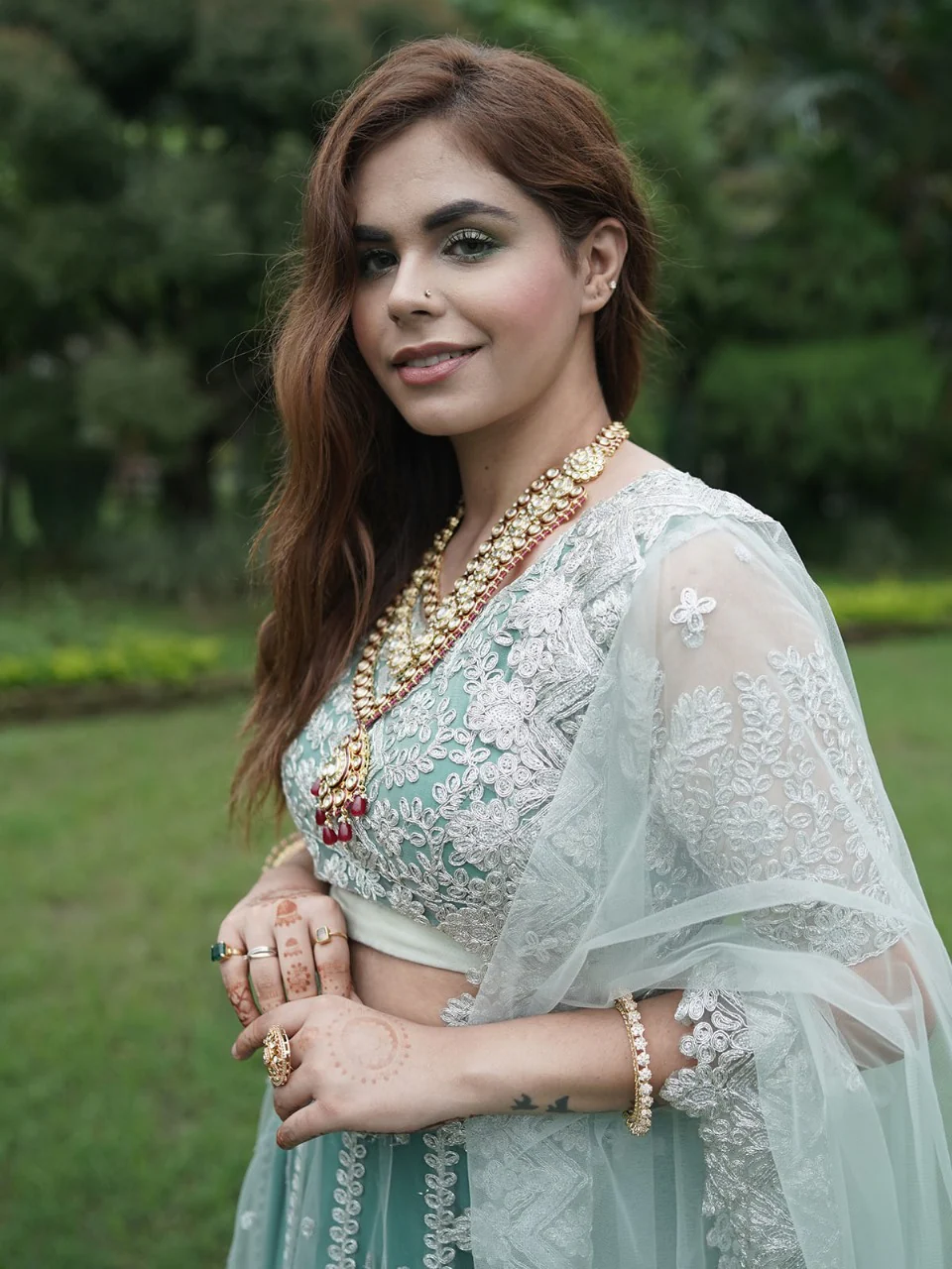 Odette Women Green Net Semi Stitched Lehenga With Unstitched Blouse - Image 5