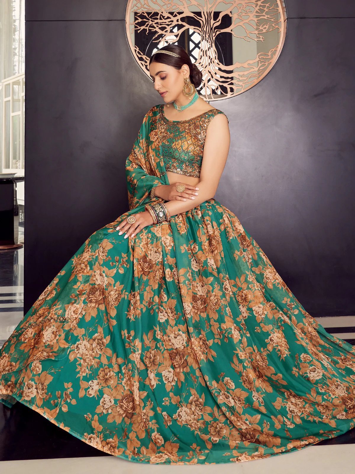 Odette Women Green Organza Semi Stitched Lehenga With Unstitched Blouse - Image 2