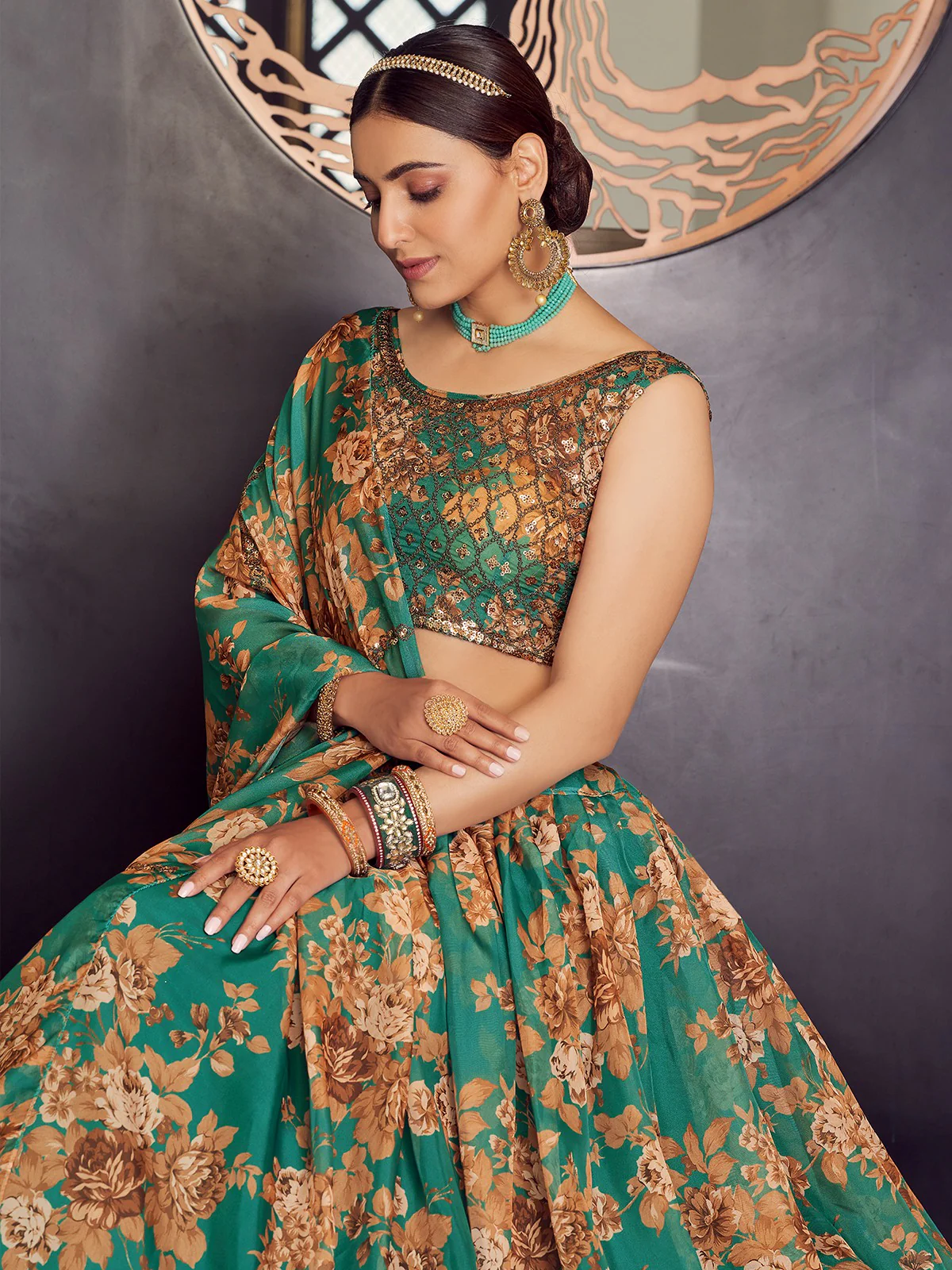 Odette Women Green Organza Semi Stitched Lehenga With Unstitched Blouse - Image 3