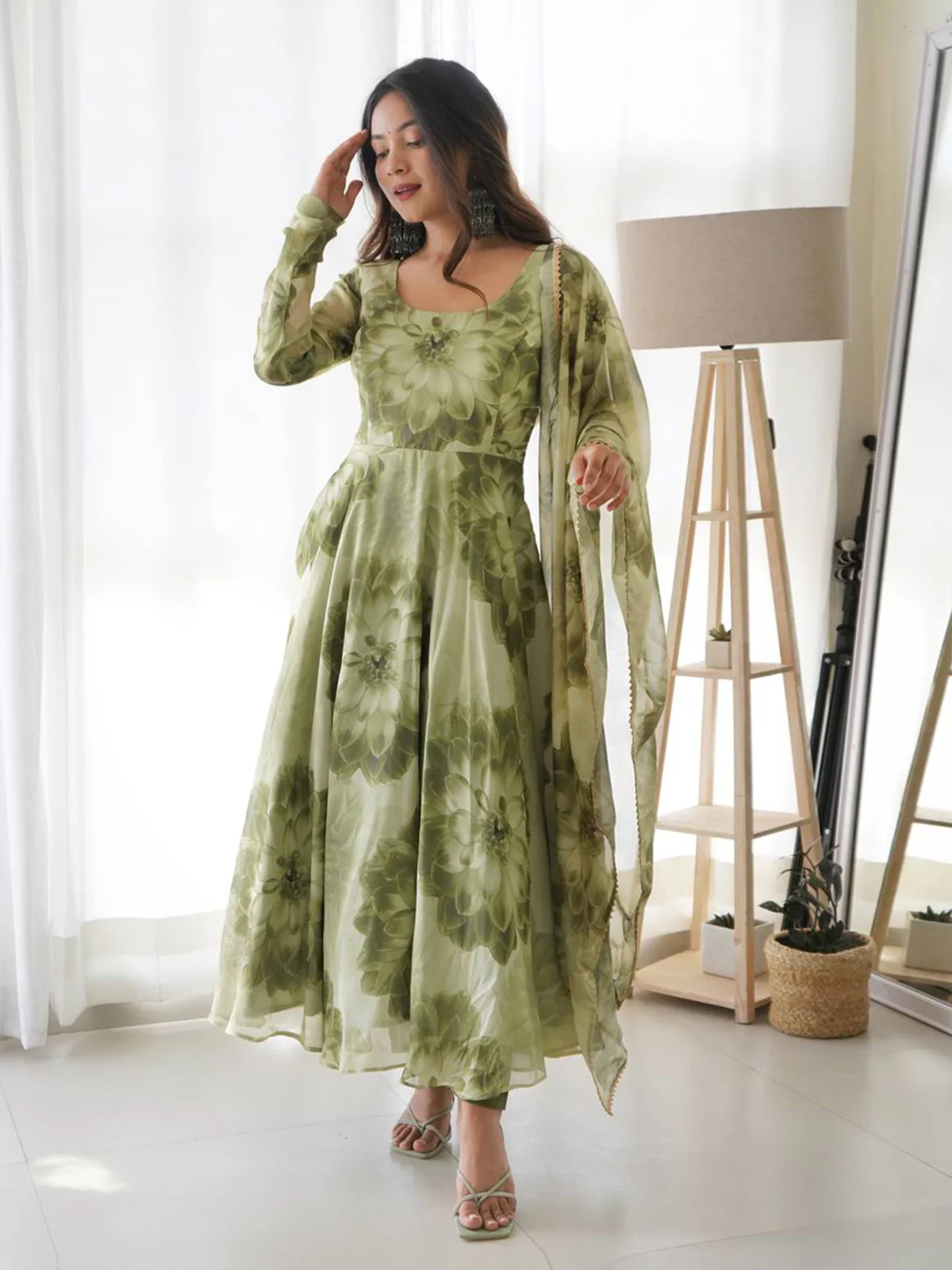 Odette Women Green Organza Printed Stitched Kurta With Dupatta - Image 2