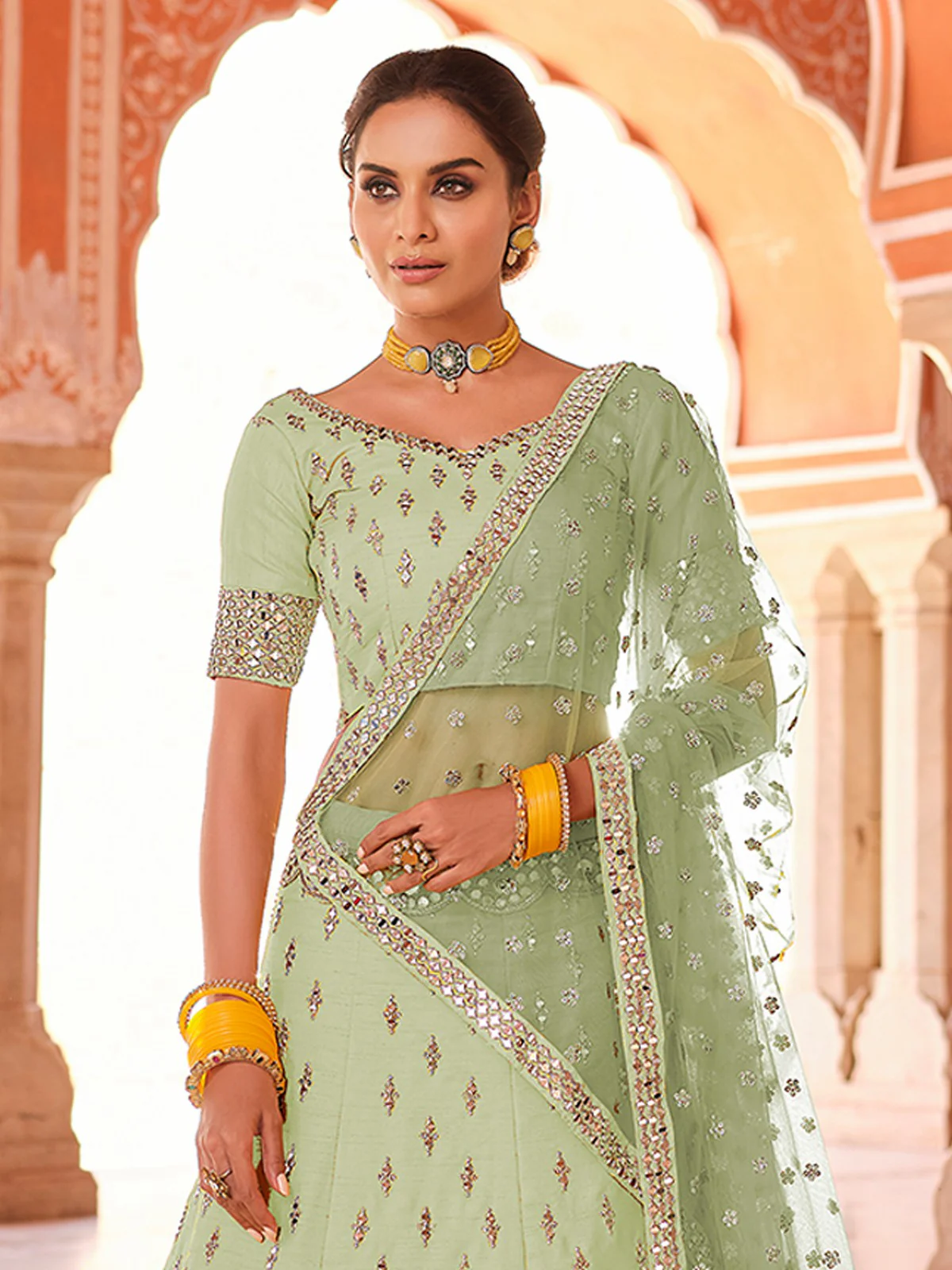 Odette Women Green Embroidered Art Silk Semi Stitched Lehenga With Unstitched Blouse - Image 2