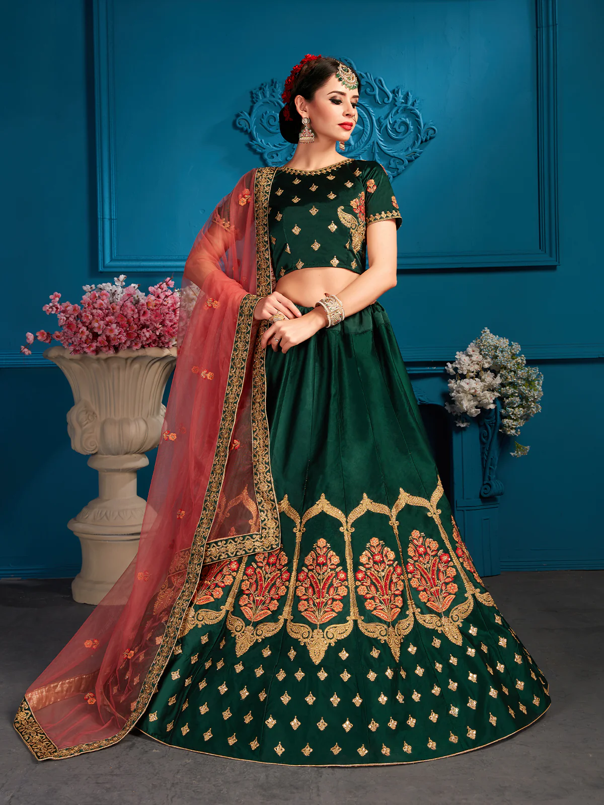 Odette Women Green Resham,Zari,Stone Semi Stitched Lehenga With Unstitched Blouse - Image 2