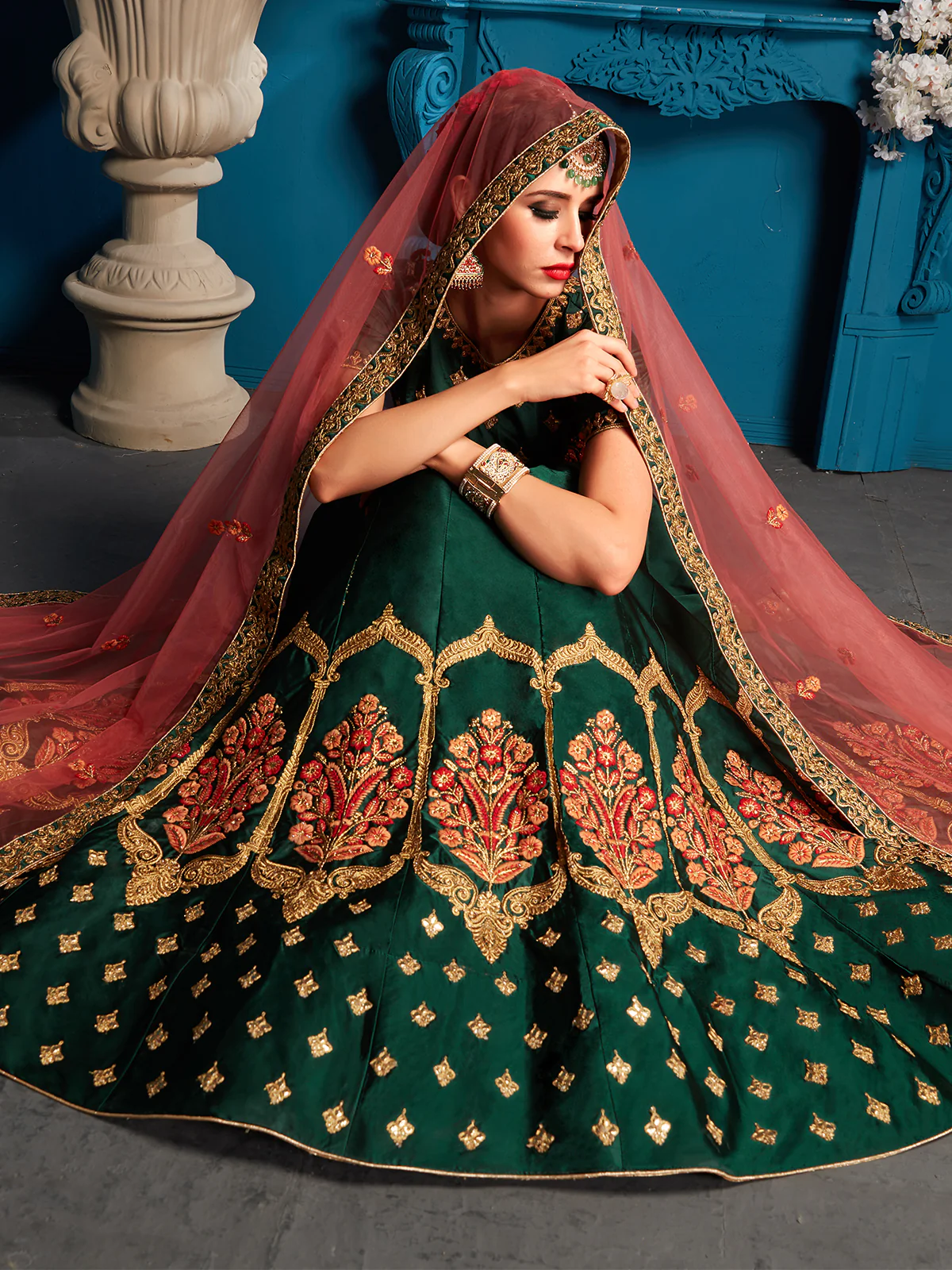 Odette Women Green Resham,Zari,Stone Semi Stitched Lehenga With Unstitched Blouse - Image 4