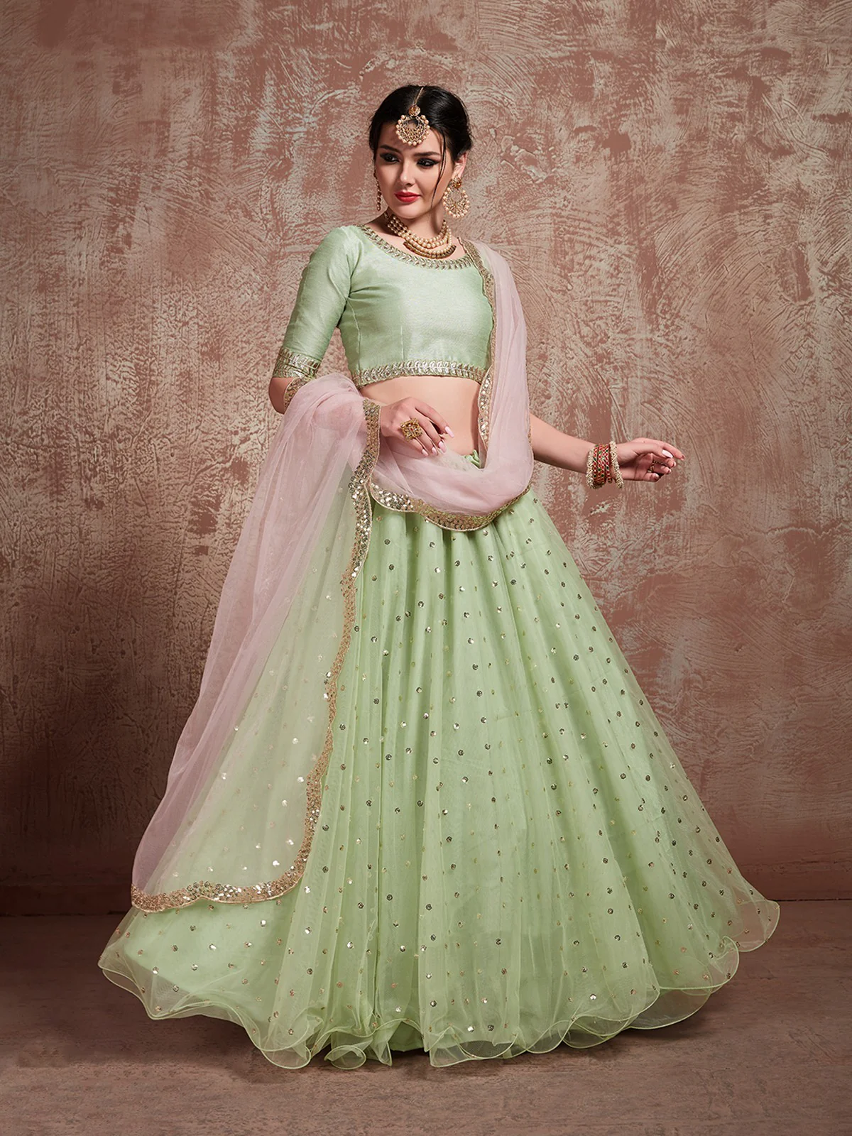 Odette Women Green Sequins Sassy Semi Stitched Lehenga With Unstitched Blouse - Image 2