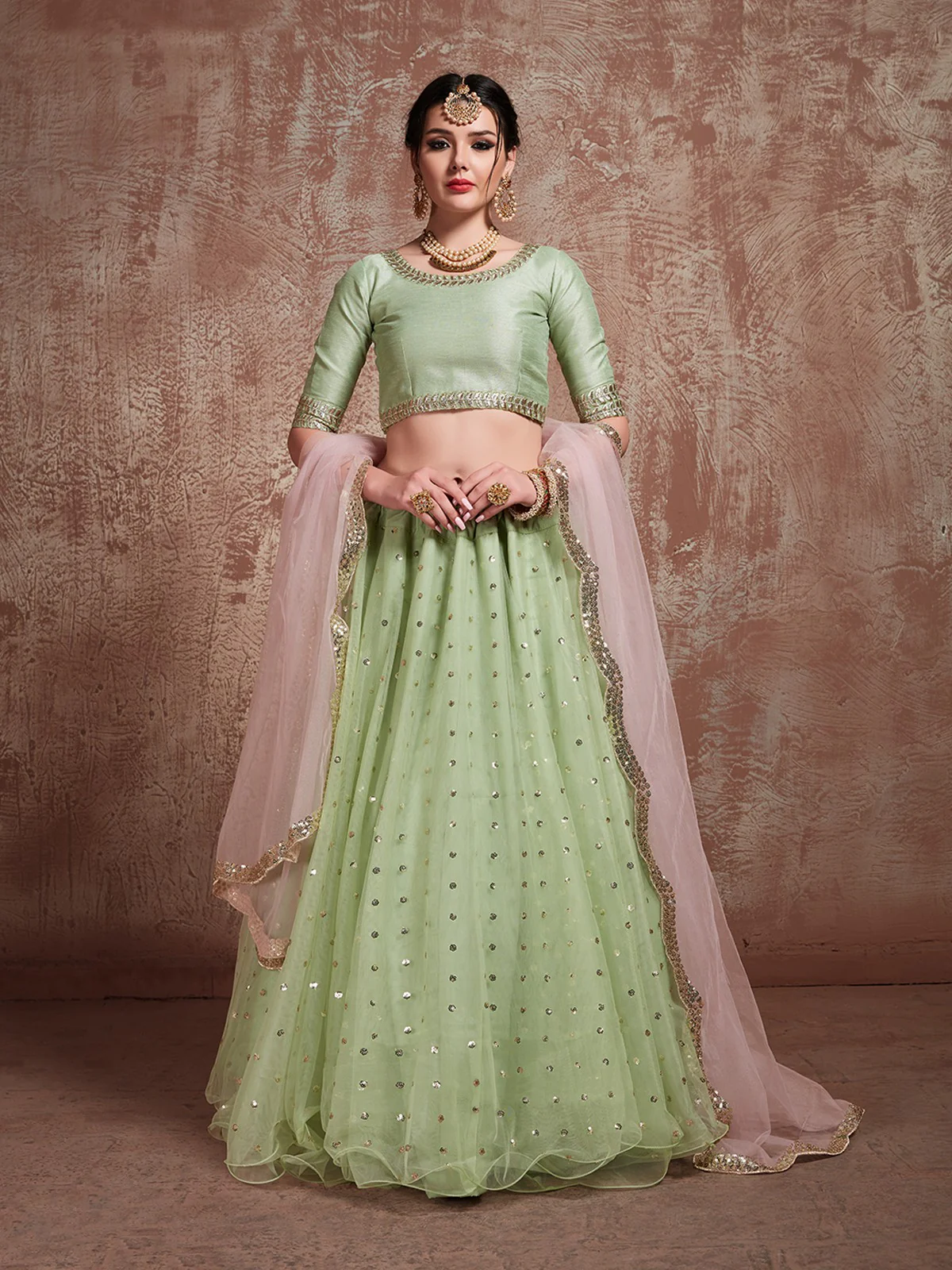 Odette Women Green Sequins Sassy Semi Stitched Lehenga With Unstitched Blouse - Image 3
