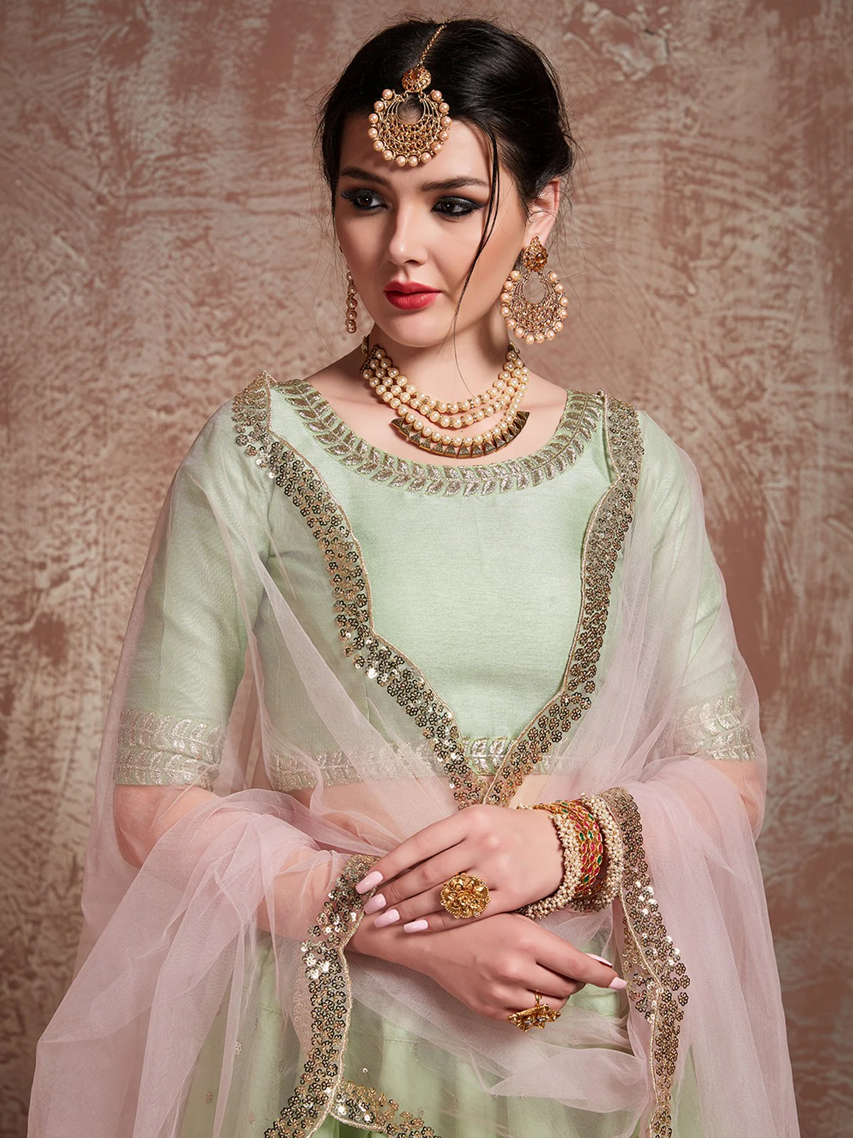 Odette Women Green Sequins Sassy Semi Stitched Lehenga With Unstitched Blouse - Image 4