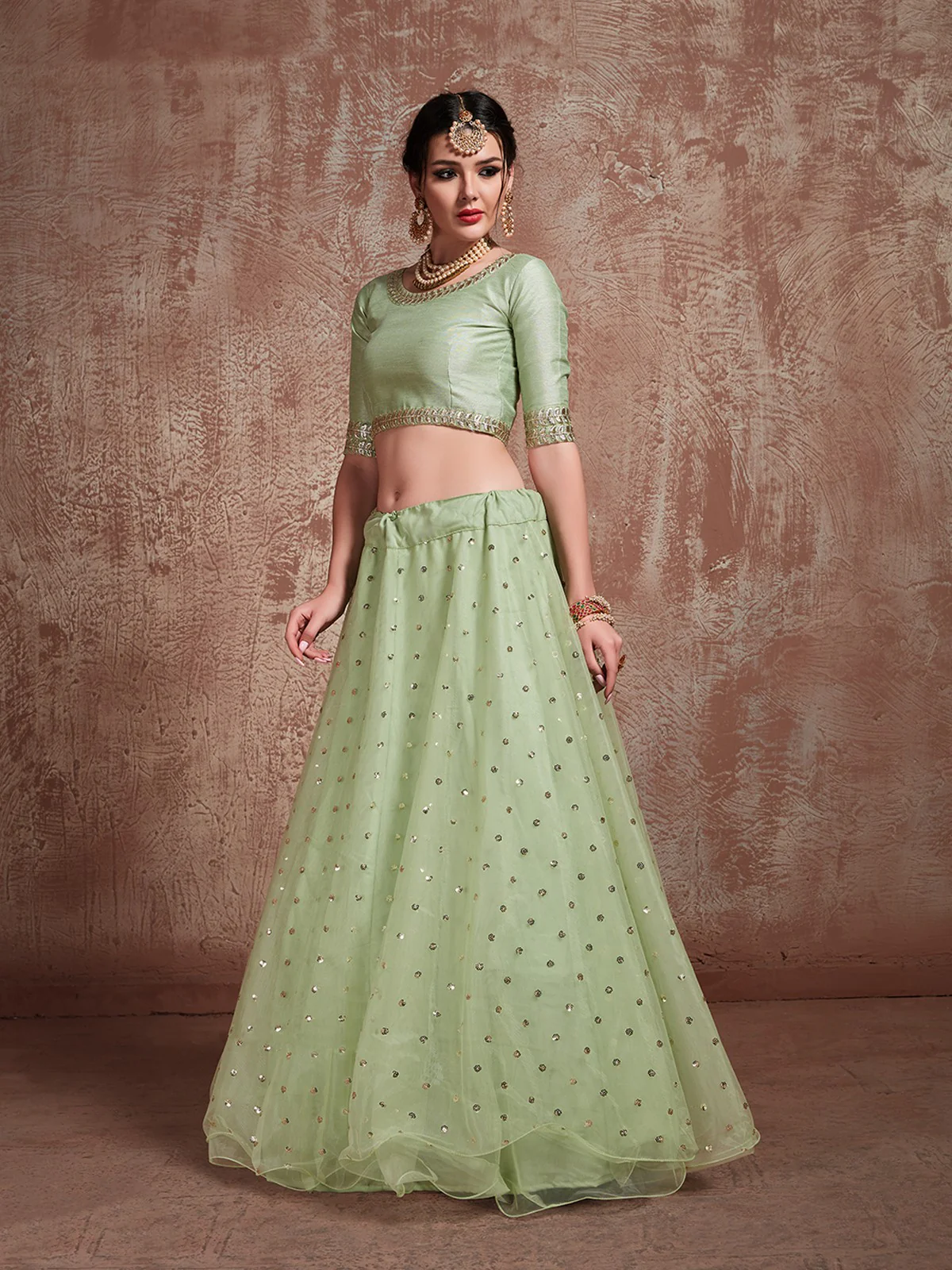 Odette Women Green Sequins Sassy Semi Stitched Lehenga With Unstitched Blouse - Image 5