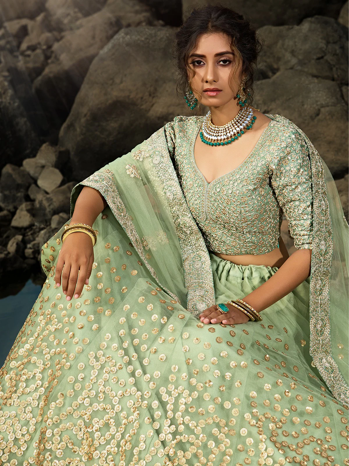 Odette Women Green Sequins Sassy Semi Stitched Lehenga With Unstitched Blouse - Image 3