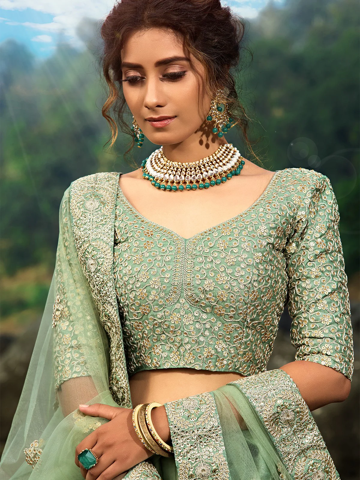 Odette Women Green Sequins Sassy Semi Stitched Lehenga With Unstitched Blouse - Image 4