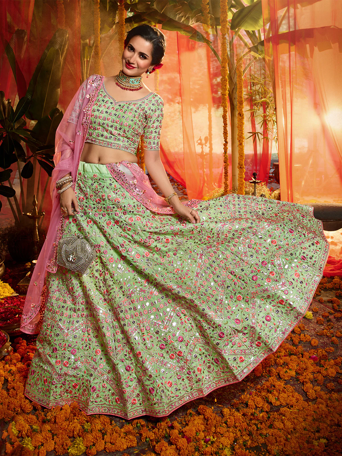 Odette Women Green Sequins Sassy Semi Stitched Lehenga With Unstitched Blouse - Image 2