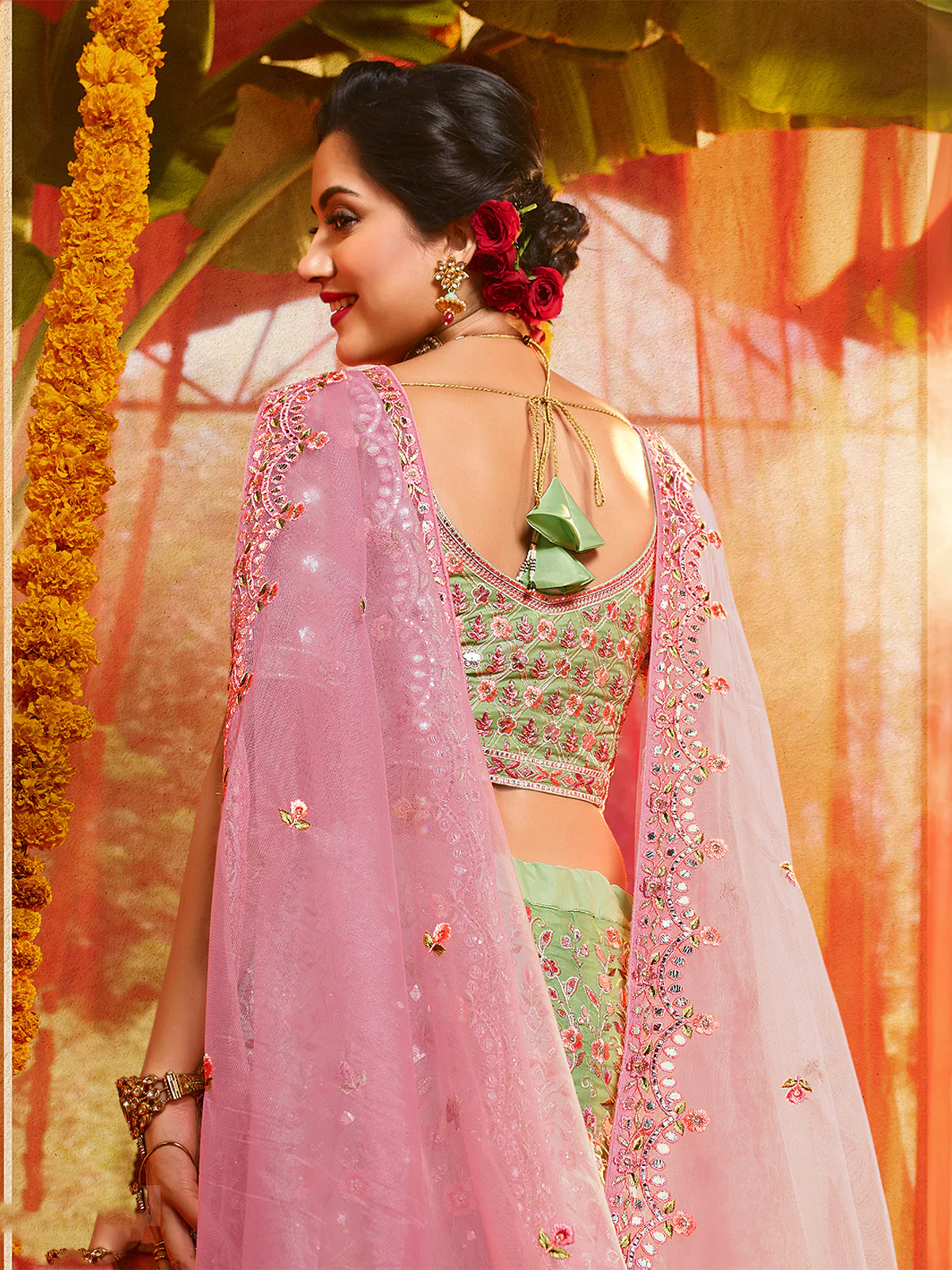 Odette Women Green Sequins Sassy Semi Stitched Lehenga With Unstitched Blouse - Image 6