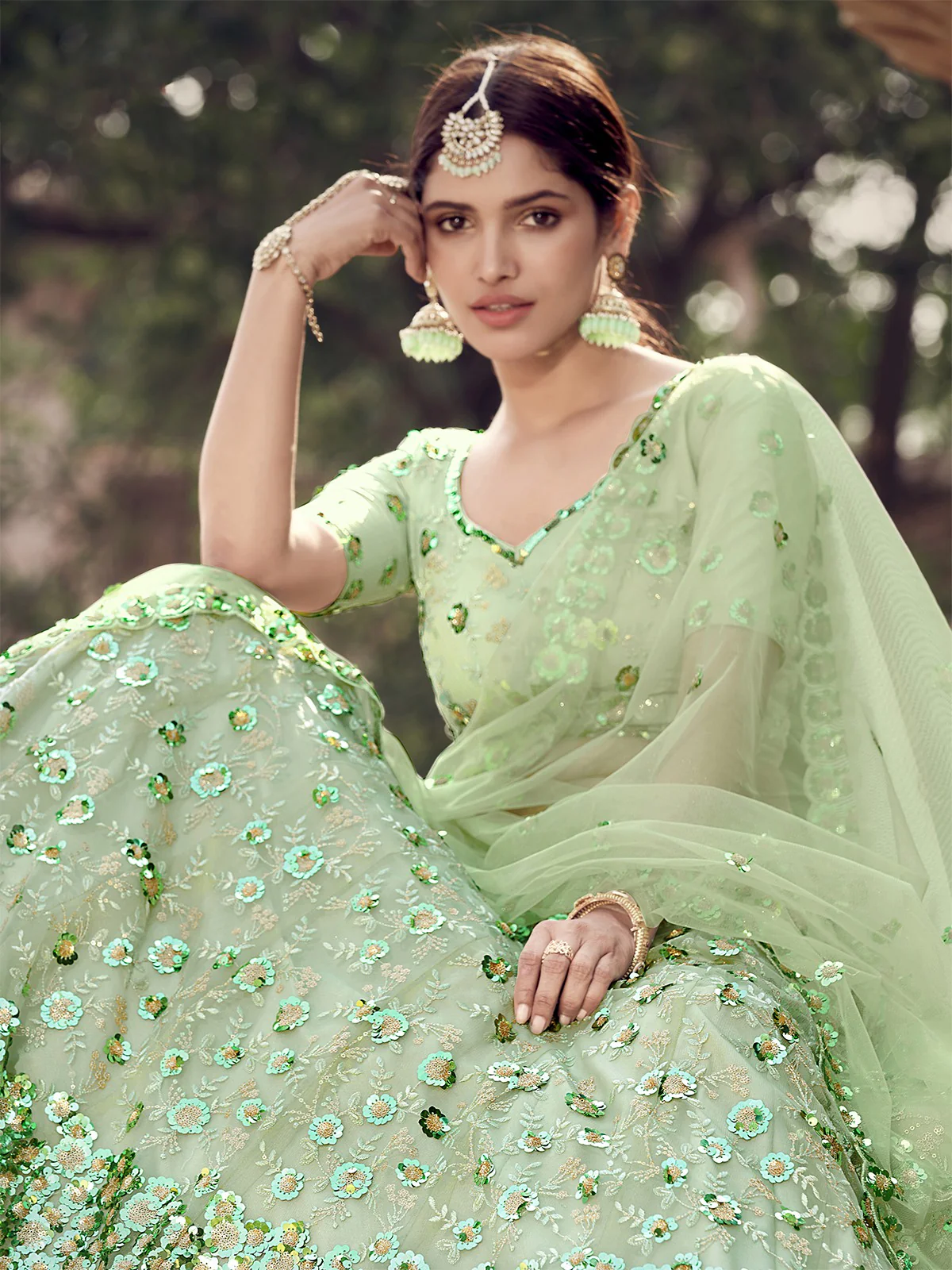 Odette Women Green Sequins Sassy Semi Stitched Lehenga With Unstitched Blouse - Image 3