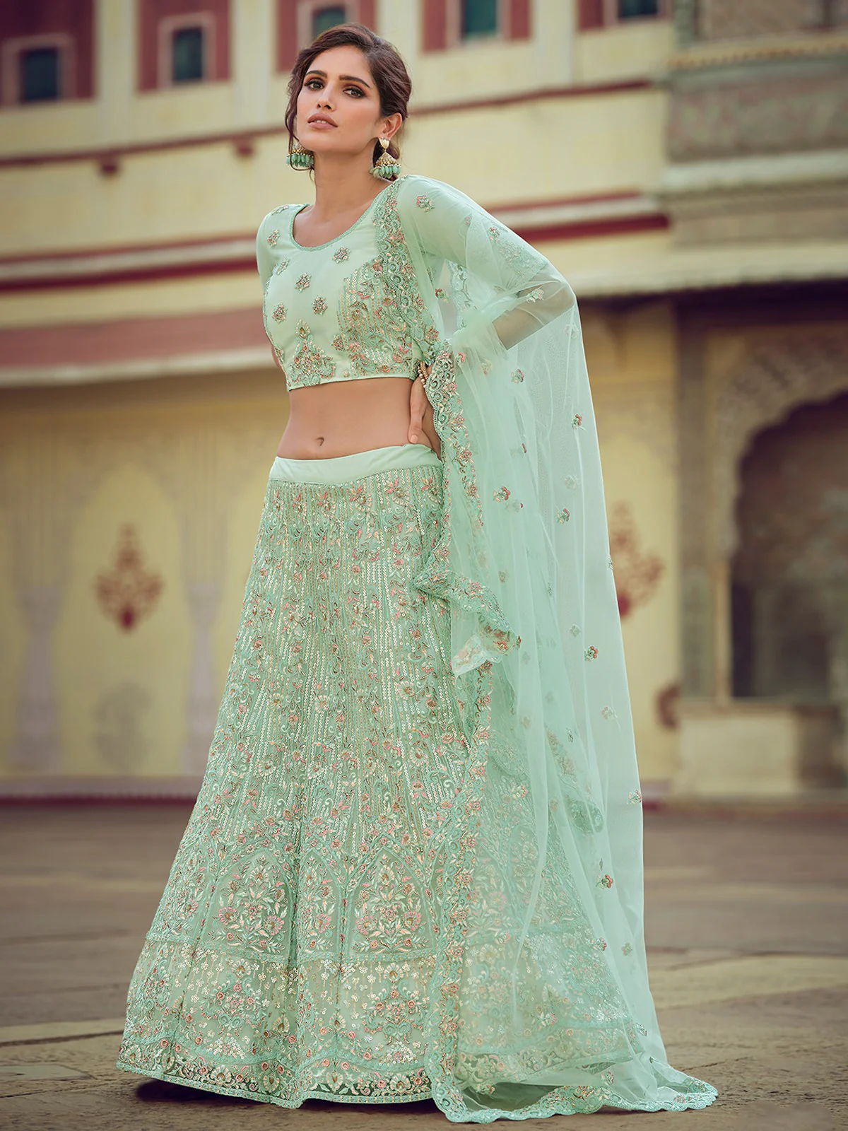 Odette Women Green Embroidered Soft Net Semi Stitched Lehenga With Unstitched Blouse - Image 2