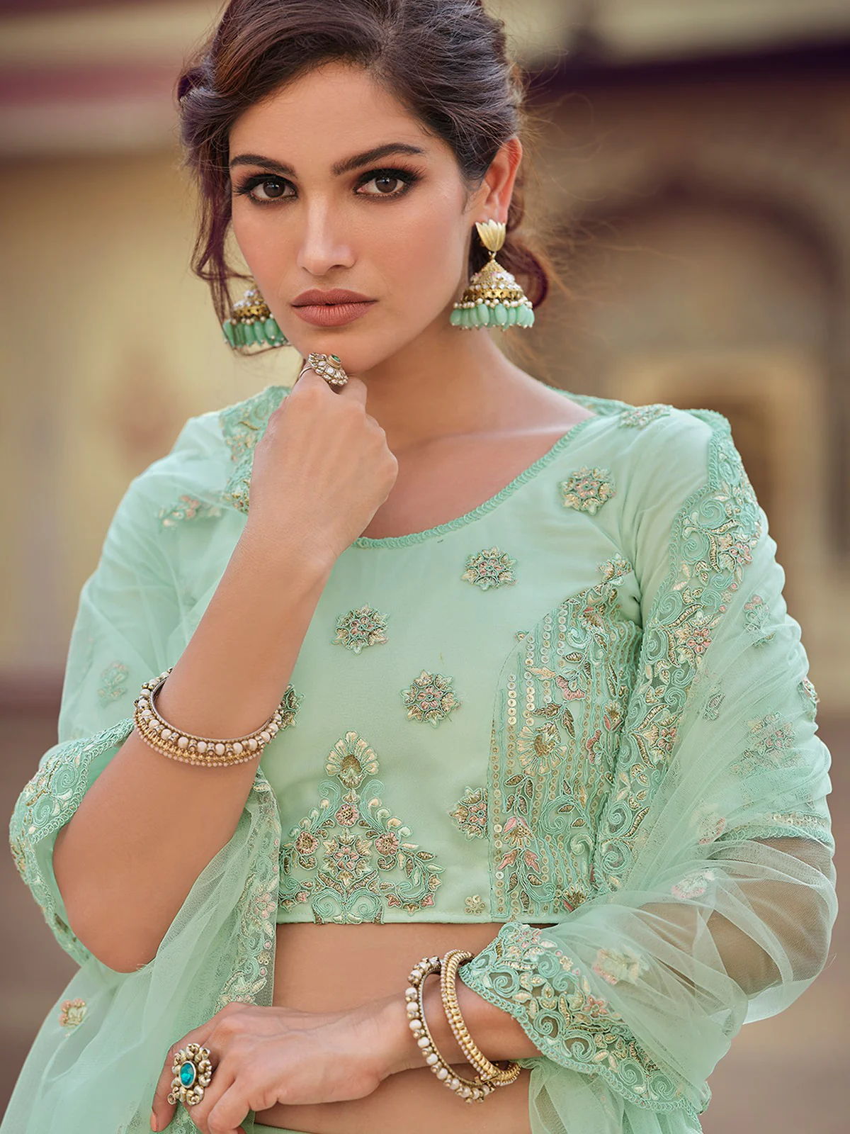 Odette Women Green Embroidered Soft Net Semi Stitched Lehenga With Unstitched Blouse - Image 4
