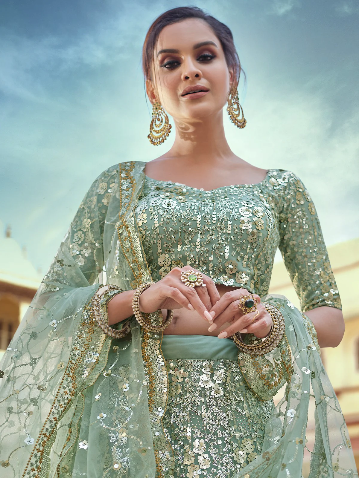 Odette Women Green Embroidered Semi Stitched Lehenga With Unstitched Blouse - Image 3