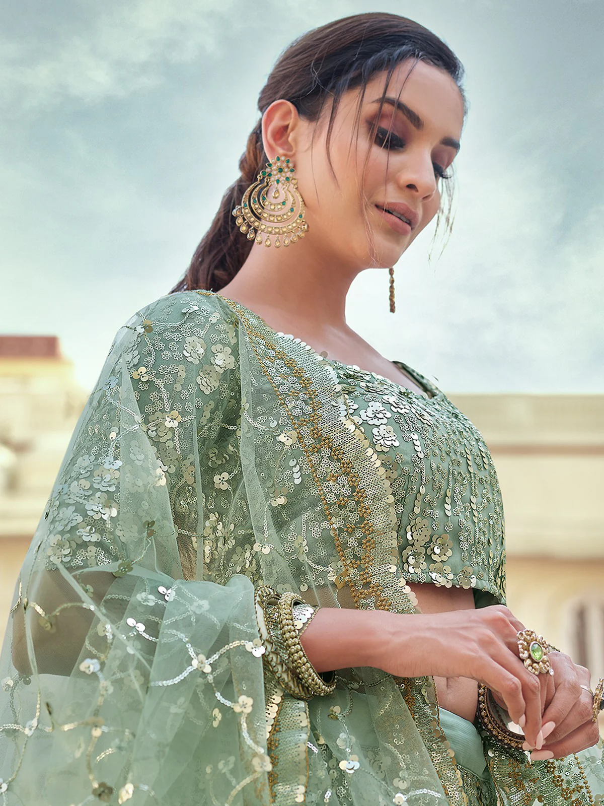 Odette Women Green Embroidered Semi Stitched Lehenga With Unstitched Blouse - Image 4