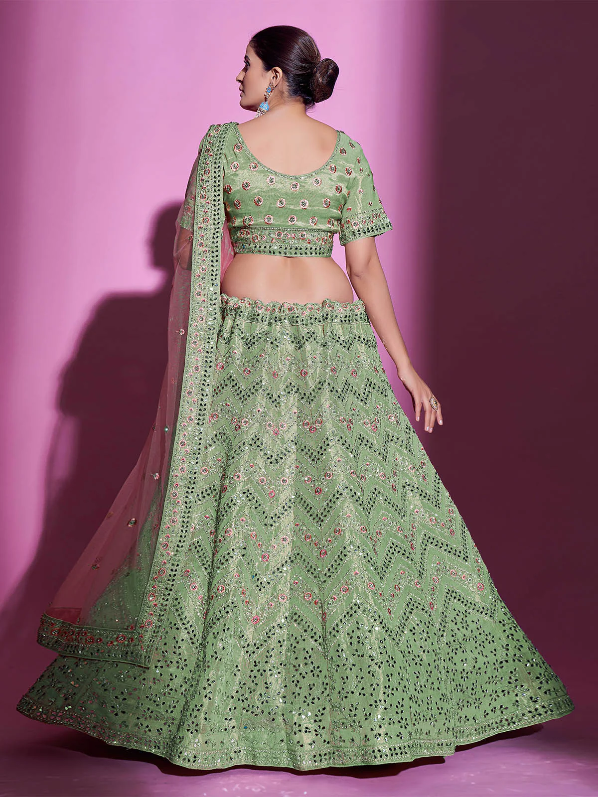 Odette Women Green Silk Blend Embroidered Semi Stitched Lehenga With Unstitched Blouse - Image 5