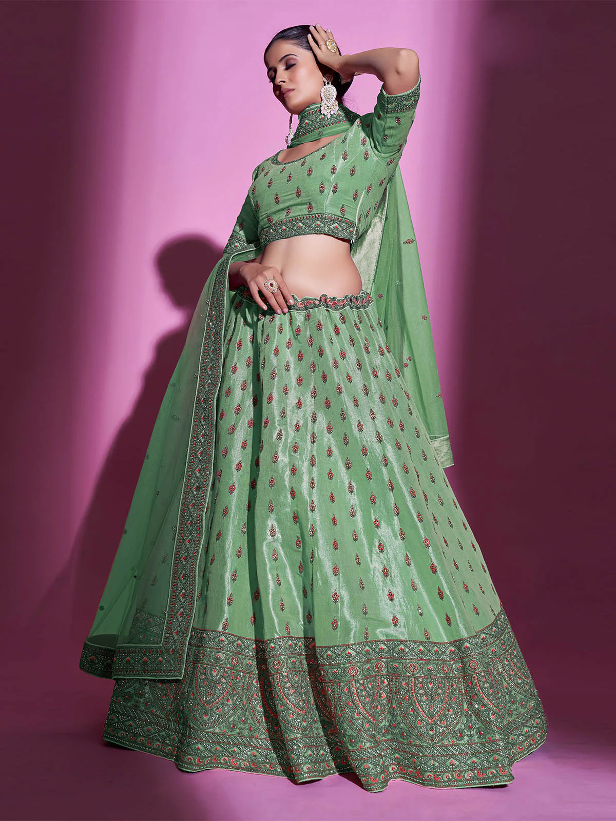 Odette Women Green Silk Blend Embroidered Semi Stitched Lehenga With Unstitched Blouse - Image 2