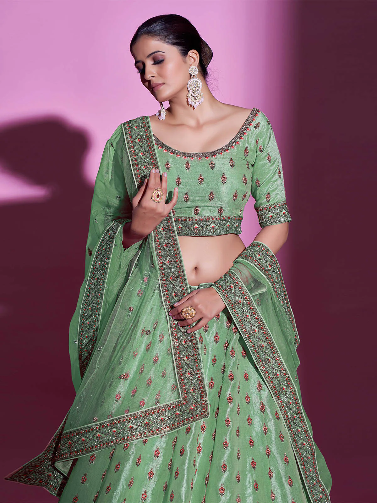 Odette Women Green Silk Blend Embroidered Semi Stitched Lehenga With Unstitched Blouse - Image 6