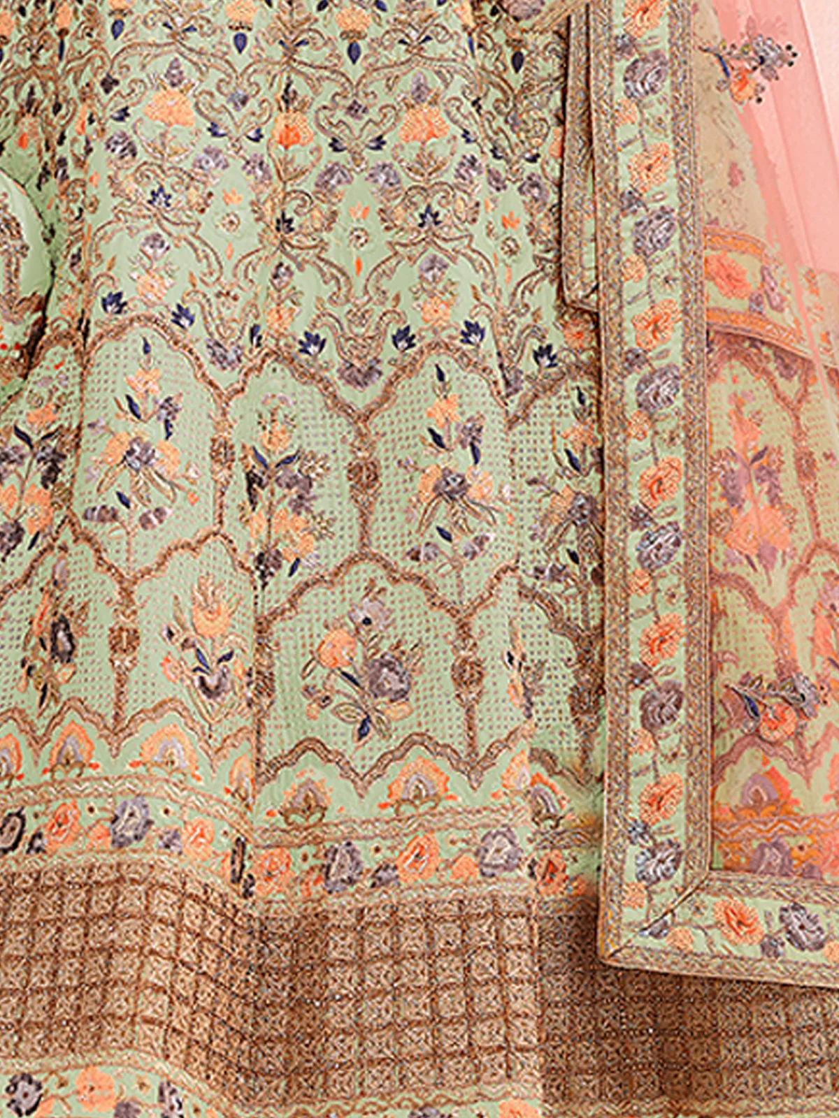 Odette Women Green Embroidered Crepe Semi Stitched Lehenga With Unstitched Blouse - Image 3